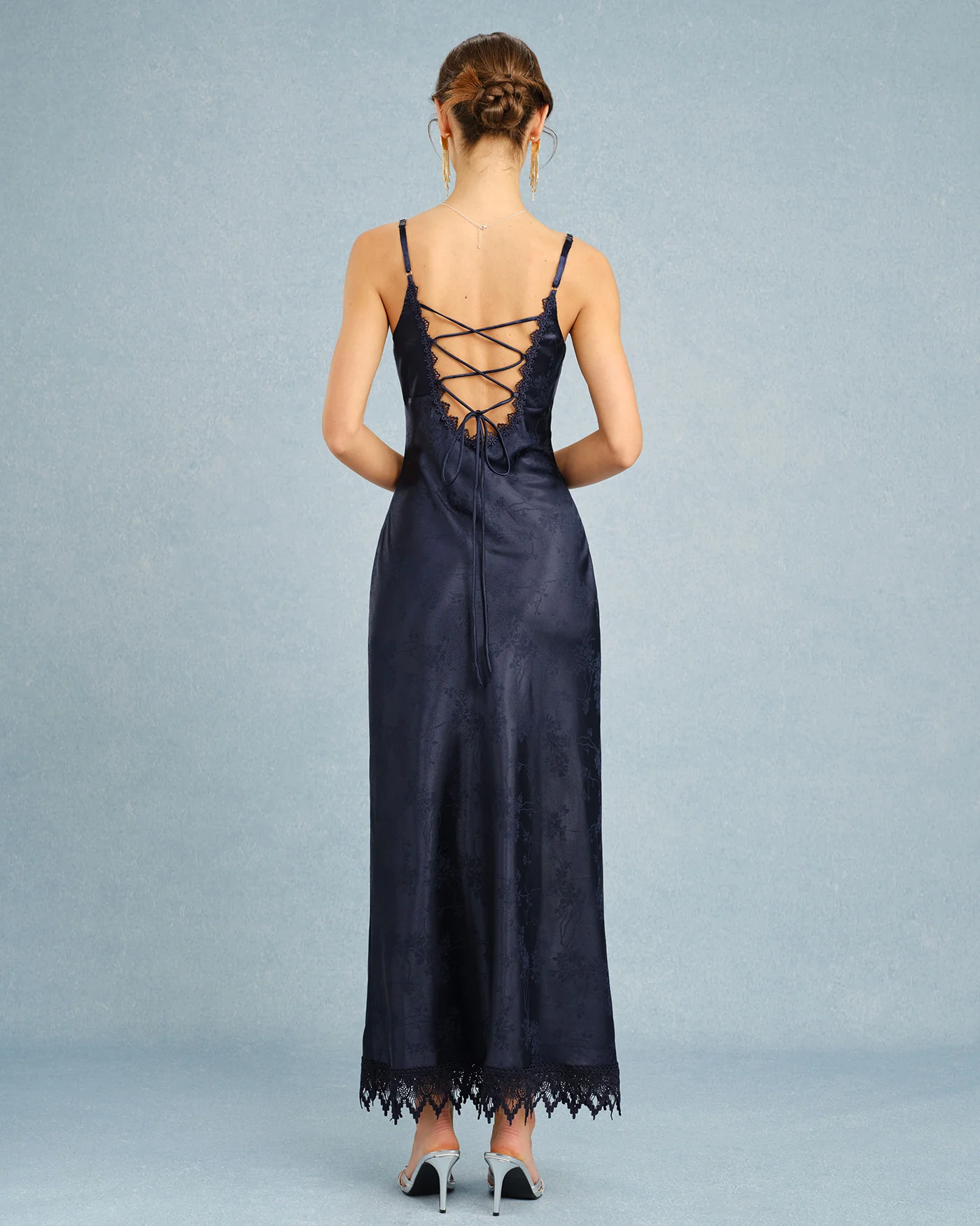 Navy Jacquard Lace Slip Maxi Dress - Image 5