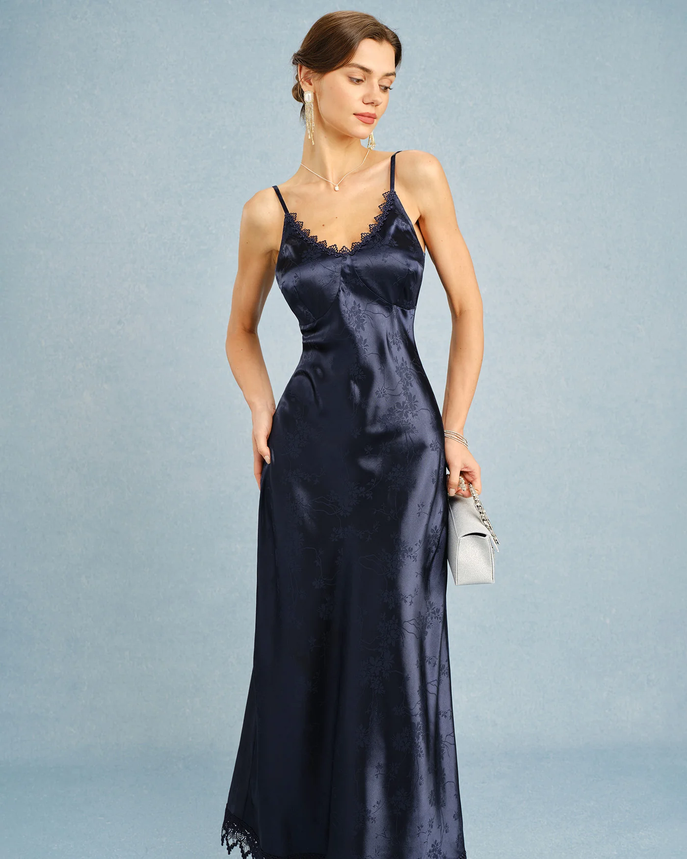 Navy Jacquard Lace Slip Maxi Dress - Image 6
