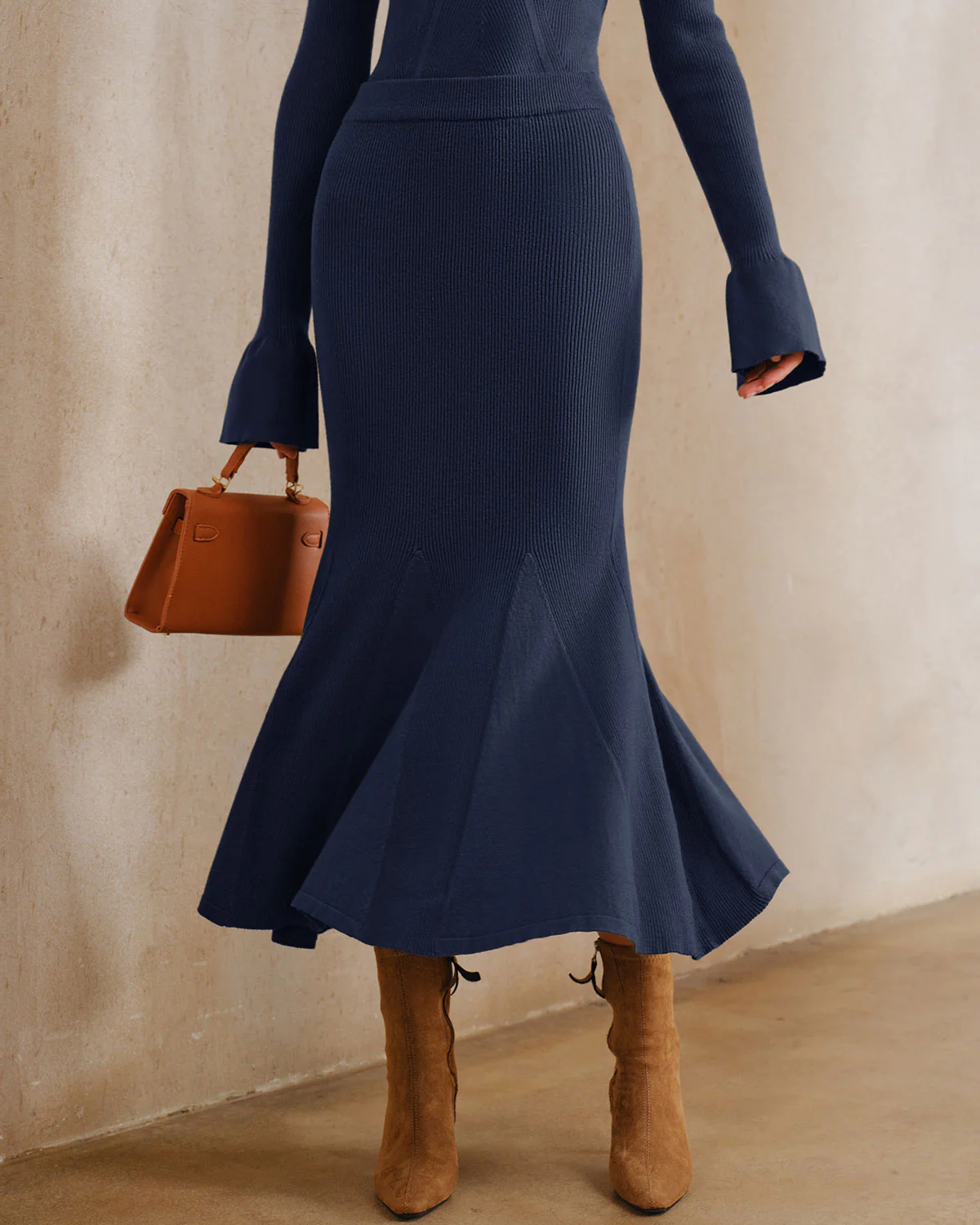 Navy Knit Mermaid Midi Skirt - Image 2