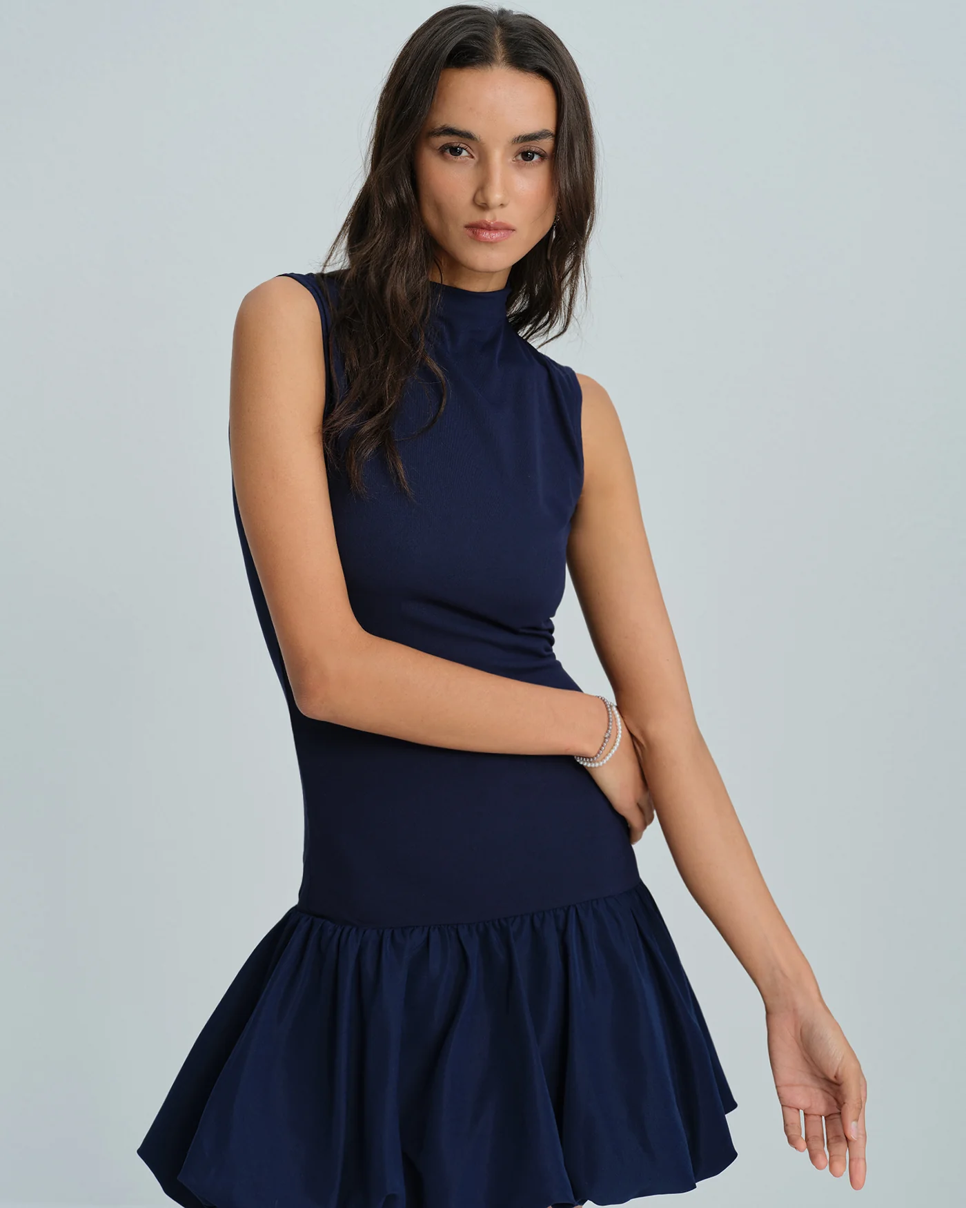 Navy Mock Neck Ruched Mini Dress - Image 6