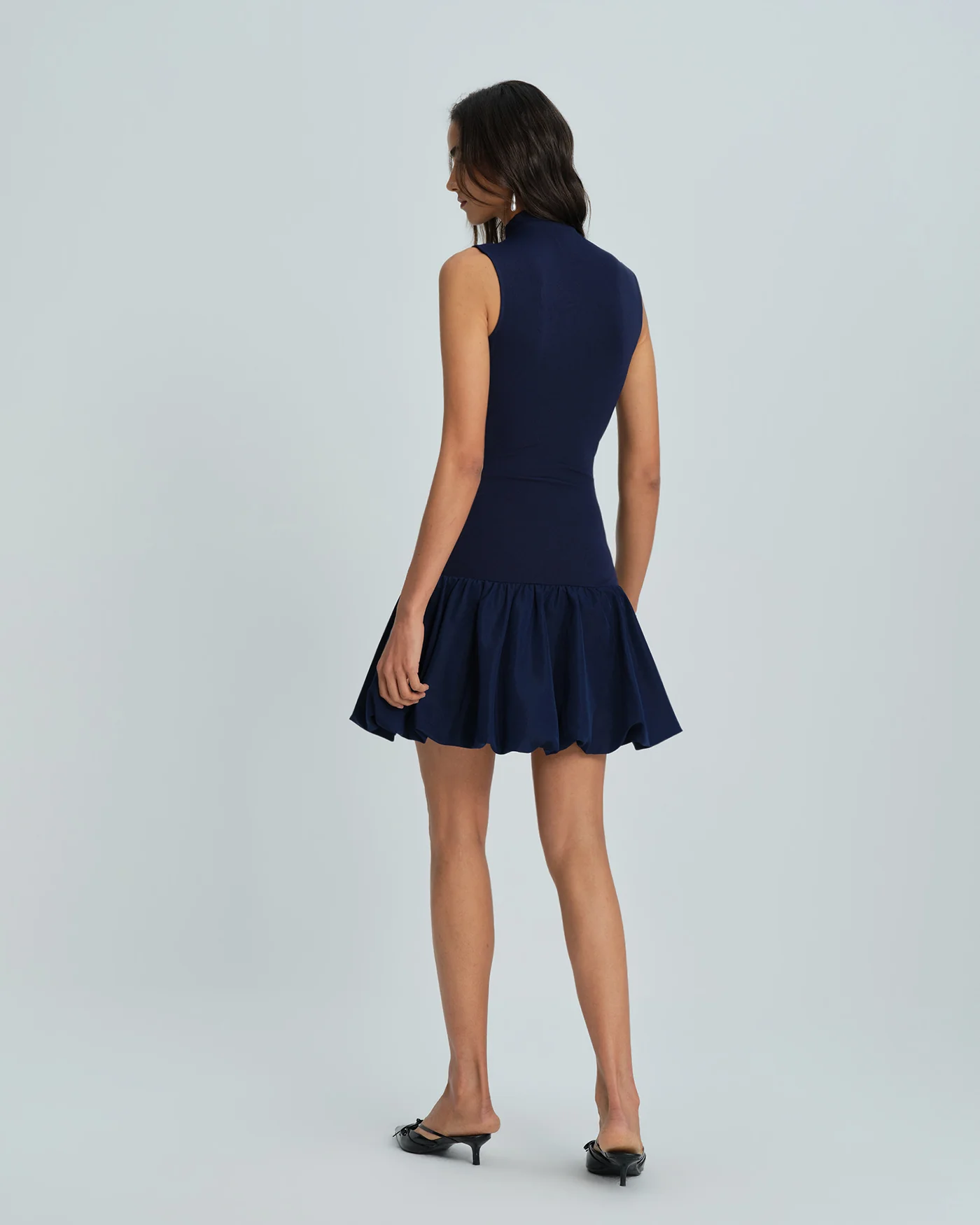 Navy Mock Neck Ruched Mini Dress - Image 7