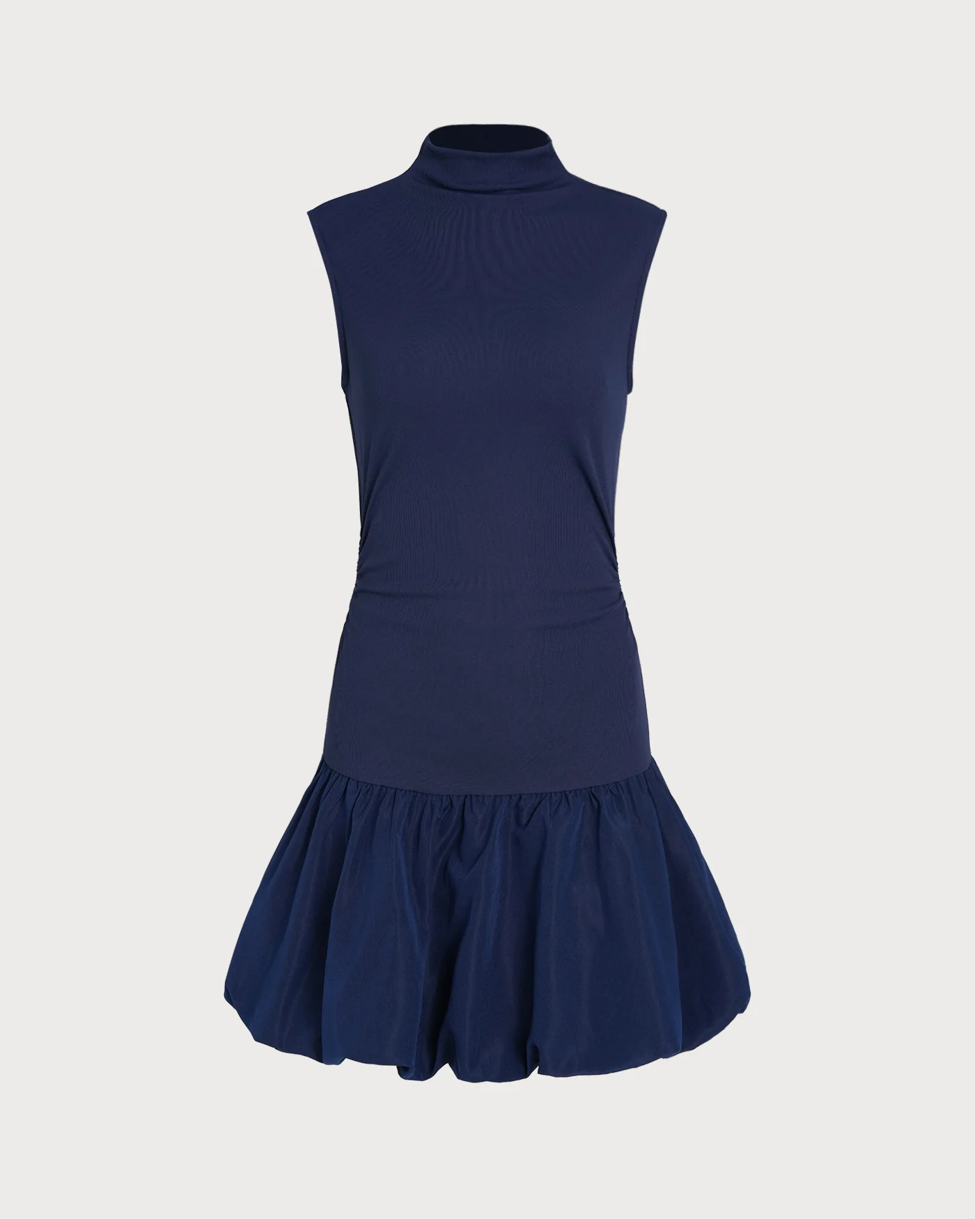 Navy Mock Neck Ruched Mini Dress - Image 8