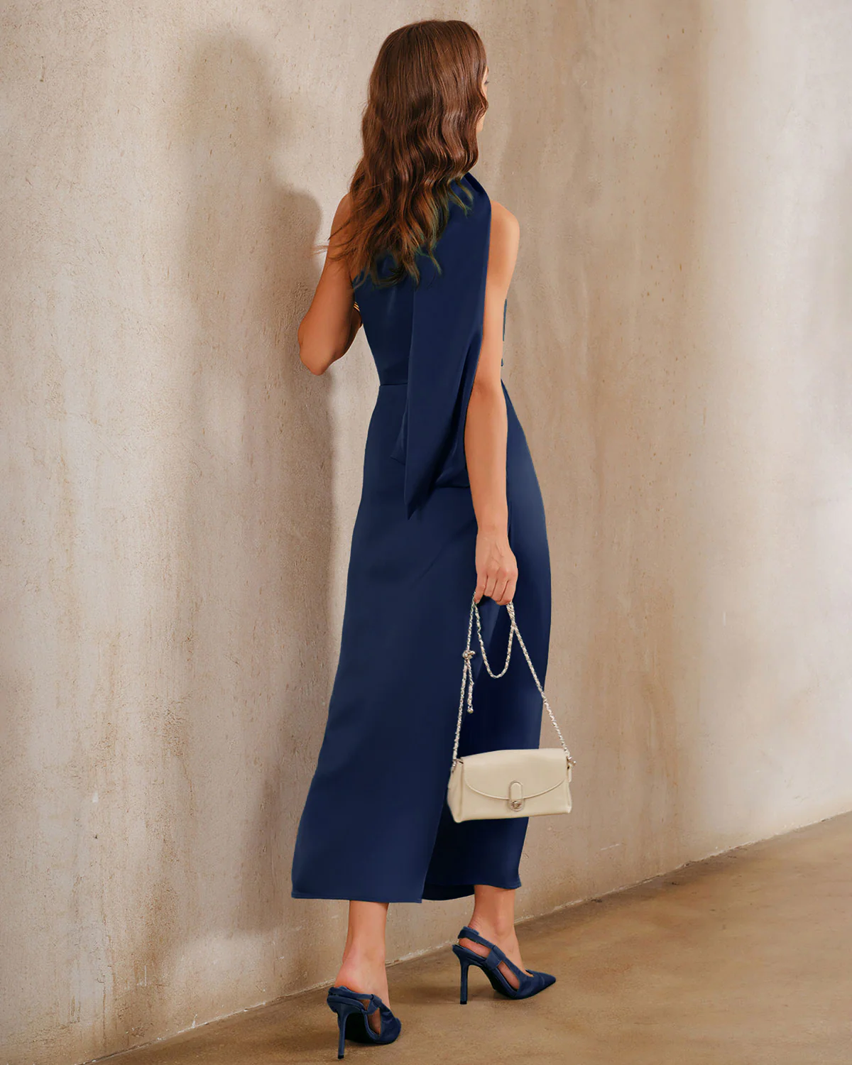 Navy One Shoulder A-Line Maxi Dress - Image 5