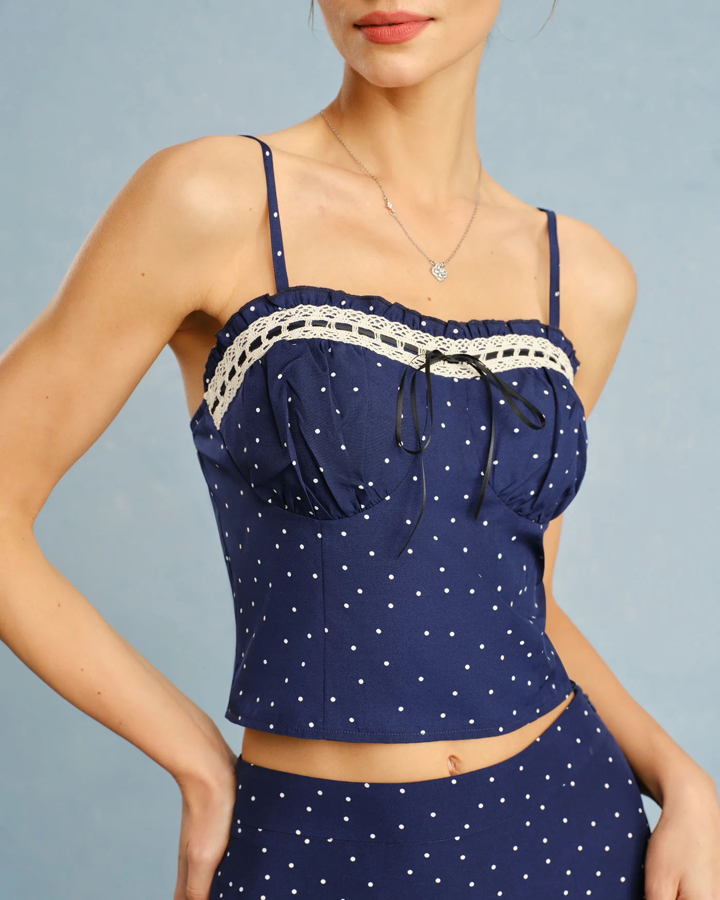 Navy Polka Dot Bowknot Cami Top - Image 7