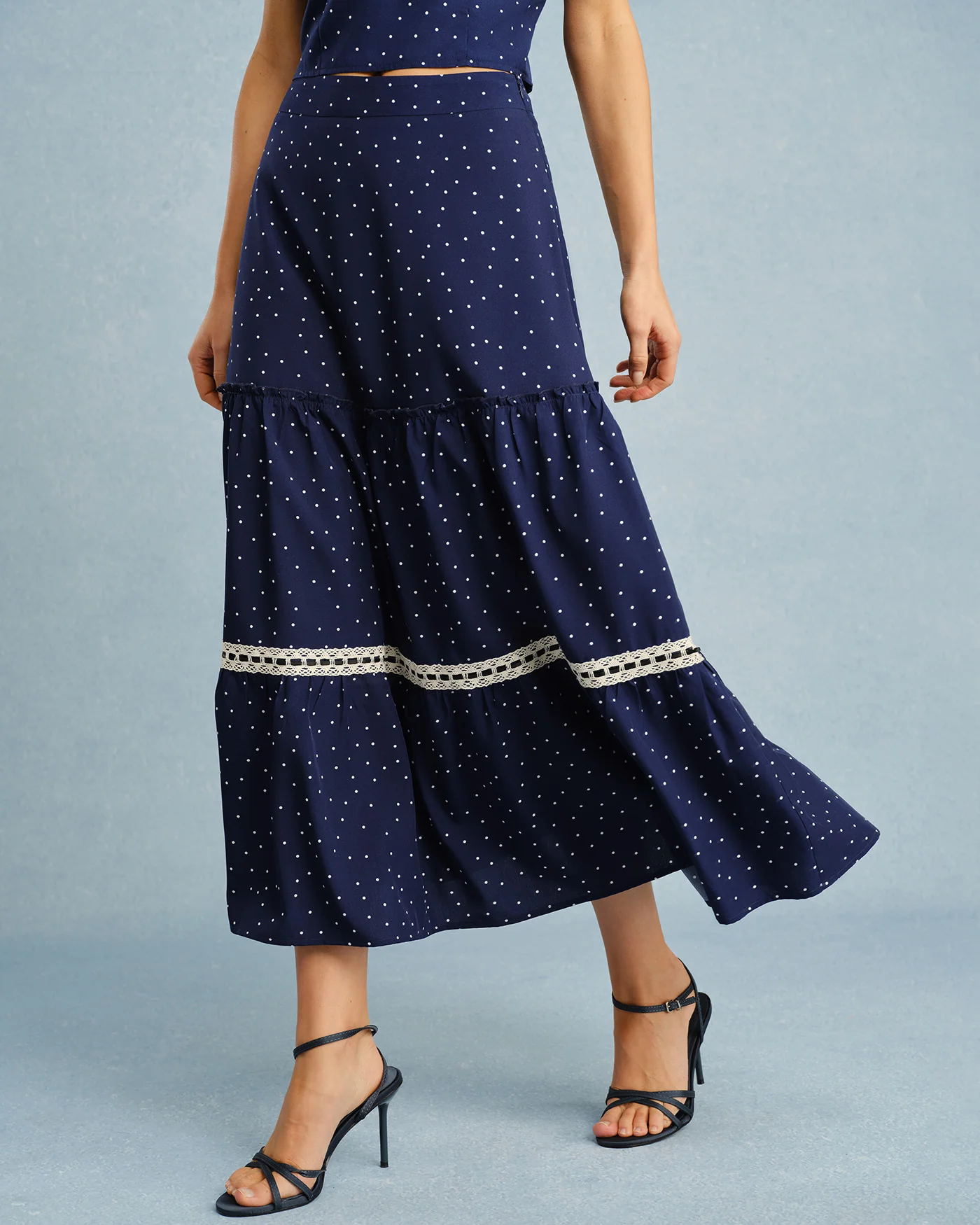 Navy Polka Dot Lace Midi Skirt - Image 6