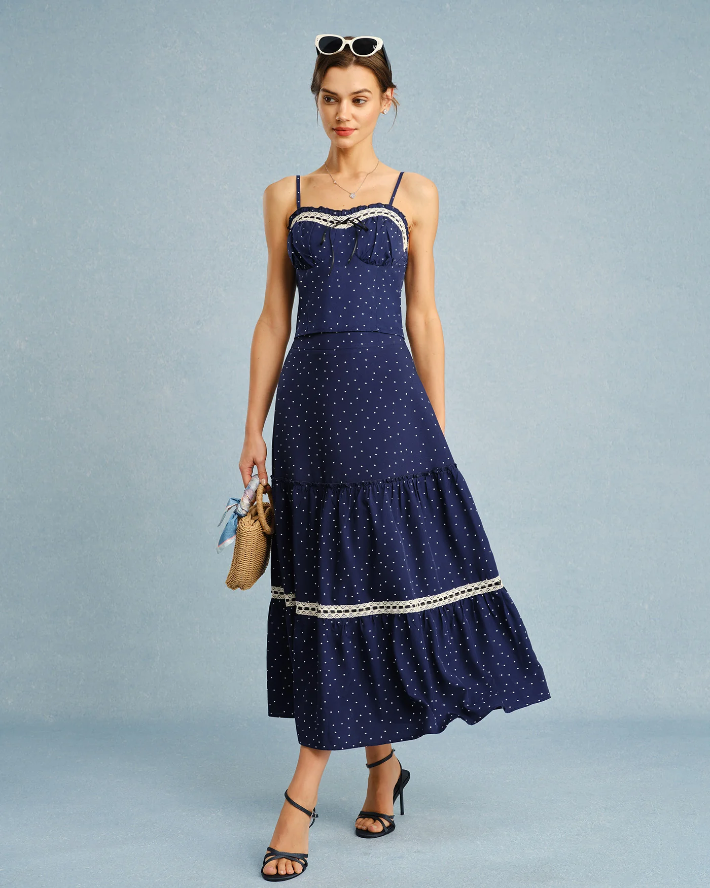 Navy Polka Dot Lace Midi Skirt - Image 7