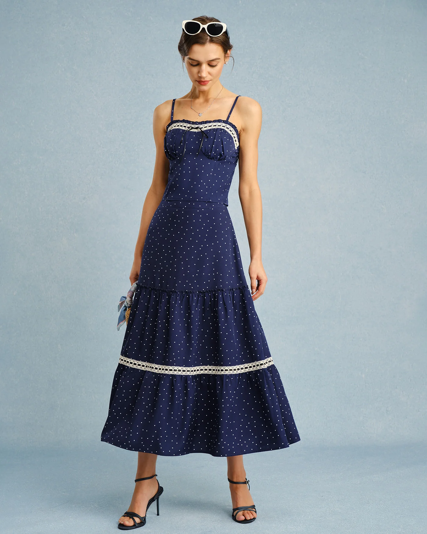 Navy Polka Dot Lace Midi Skirt - Image 9