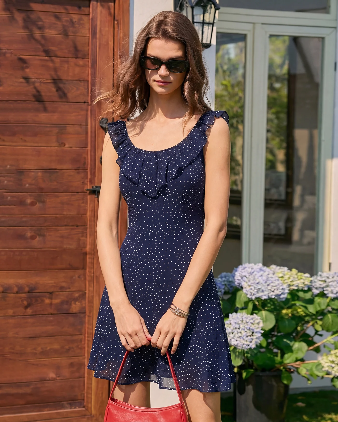 Navy Polka Dot Ruffle Mini Dress - Image 2