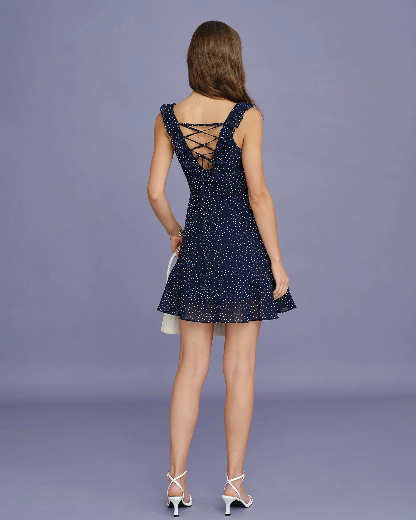 Navy Polka Dot Ruffle Mini Dress - Image 8