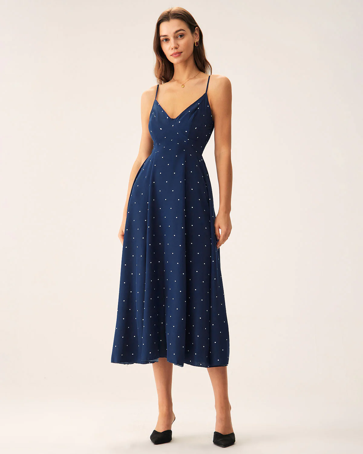 Navy Polka Dot Shirred Slip Midi Dress - Image 3
