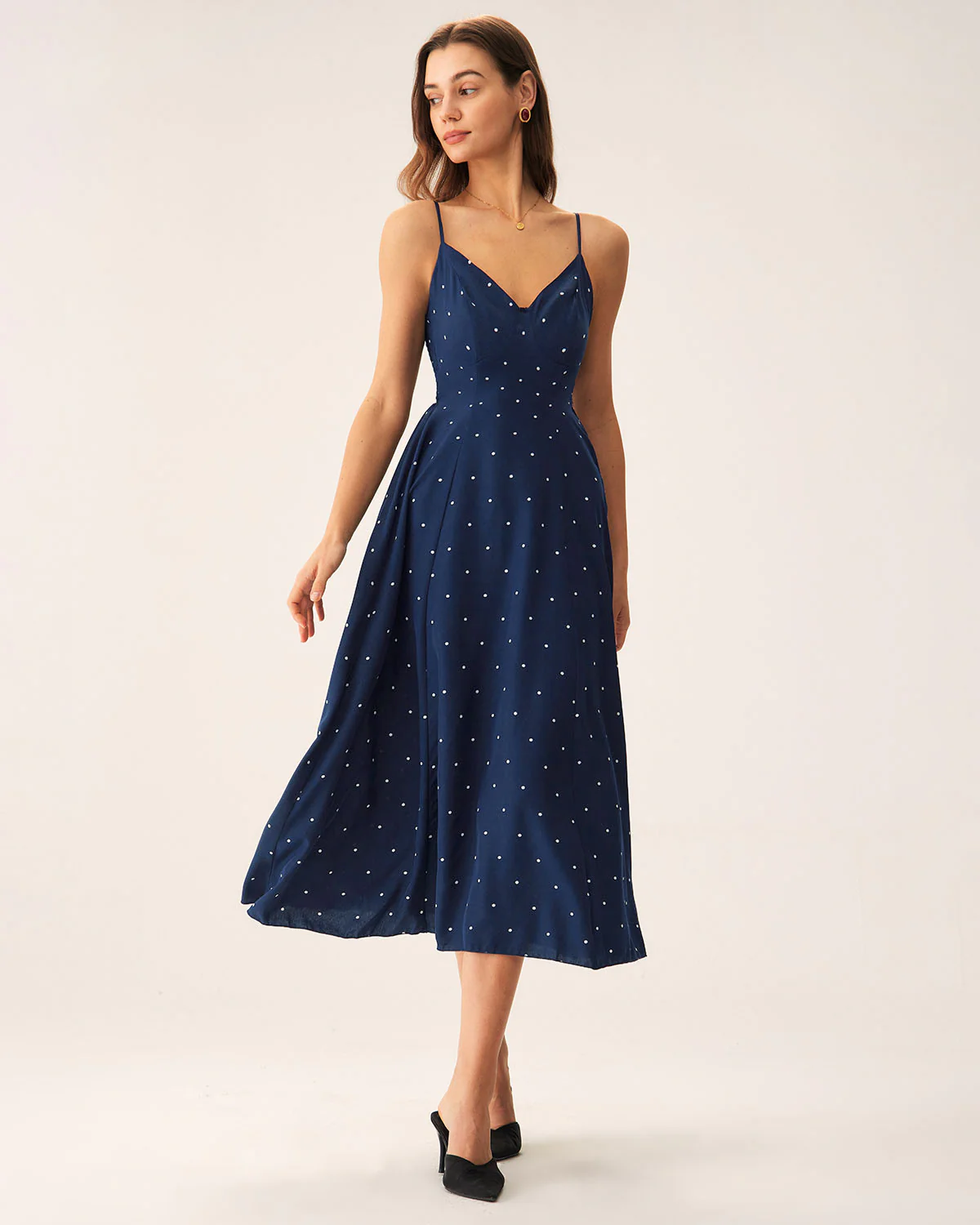 Navy Polka Dot Shirred Slip Midi Dress - Image 4
