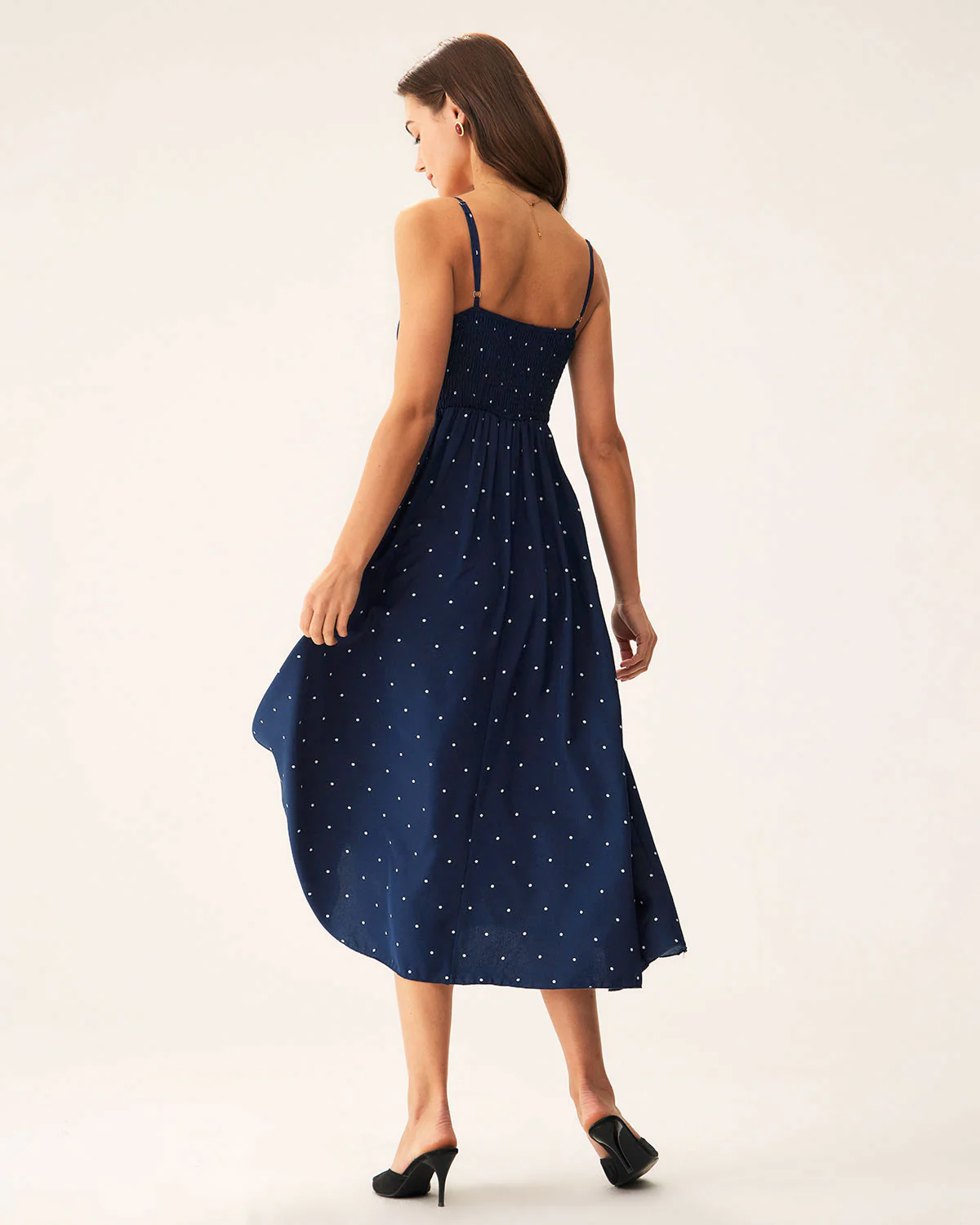 Navy Polka Dot Shirred Slip Midi Dress - Image 5