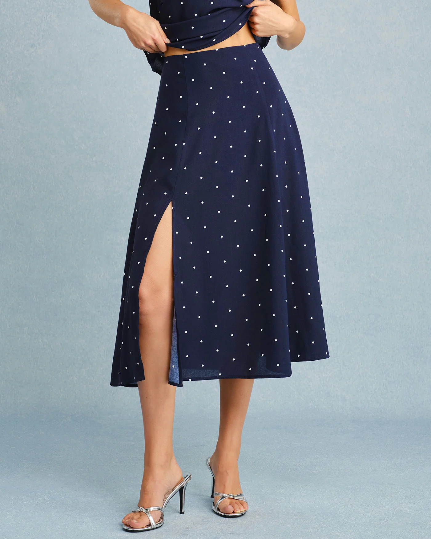Navy Polka Dot Slit Midi Skirt - Image 4