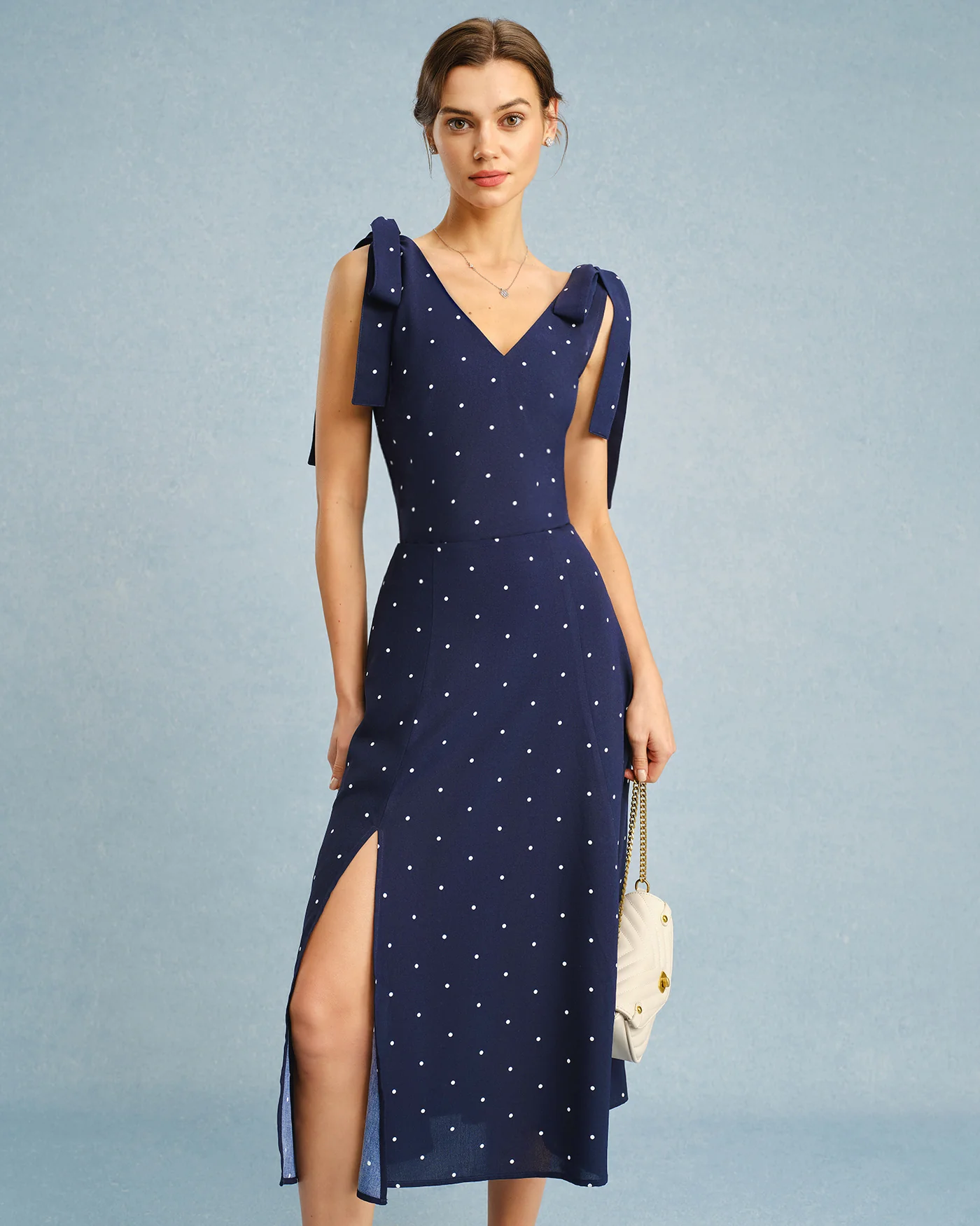 Navy Polka Dot Slit Midi Skirt - Image 5