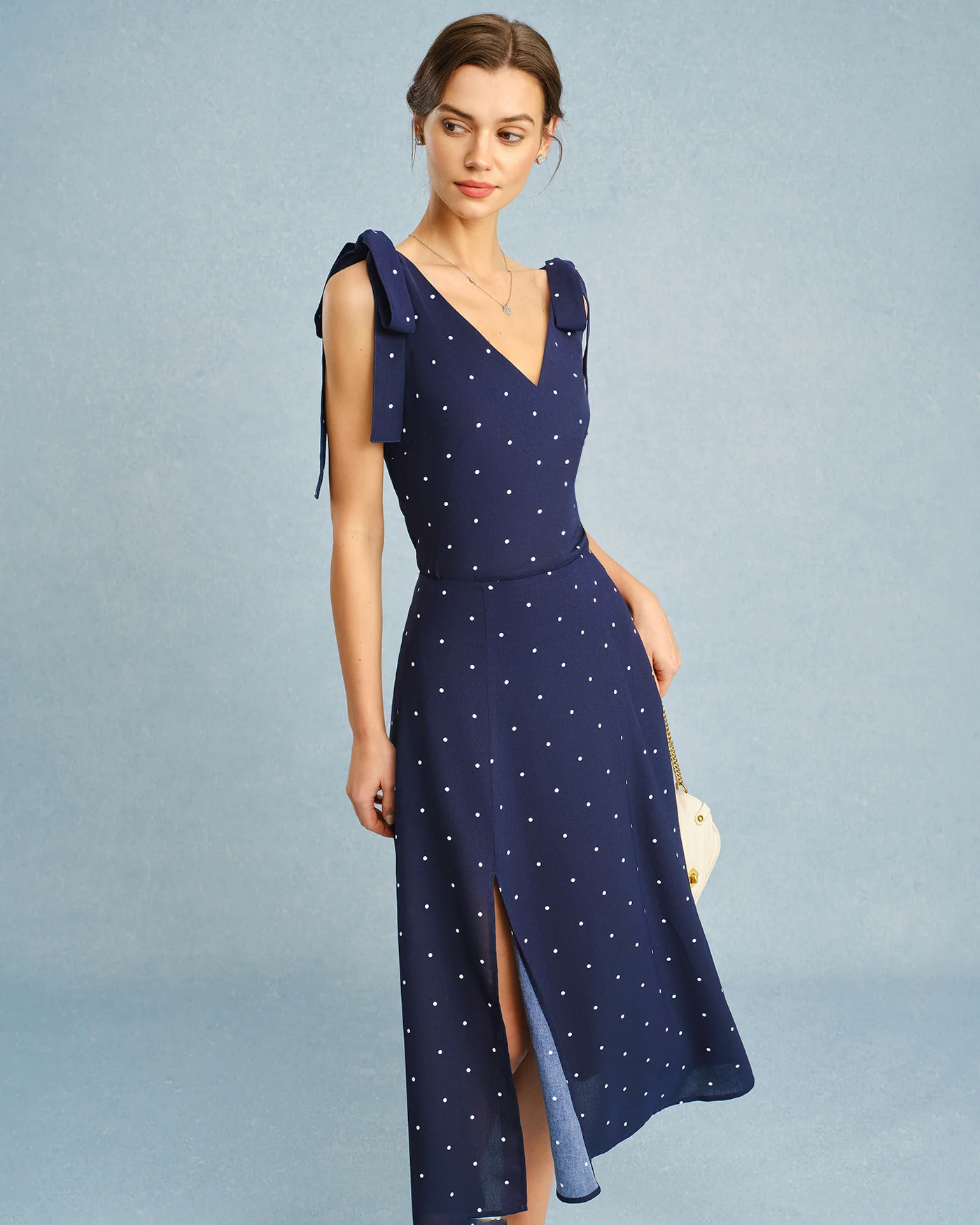 Navy Polka Dot Slit Midi Skirt - Image 6