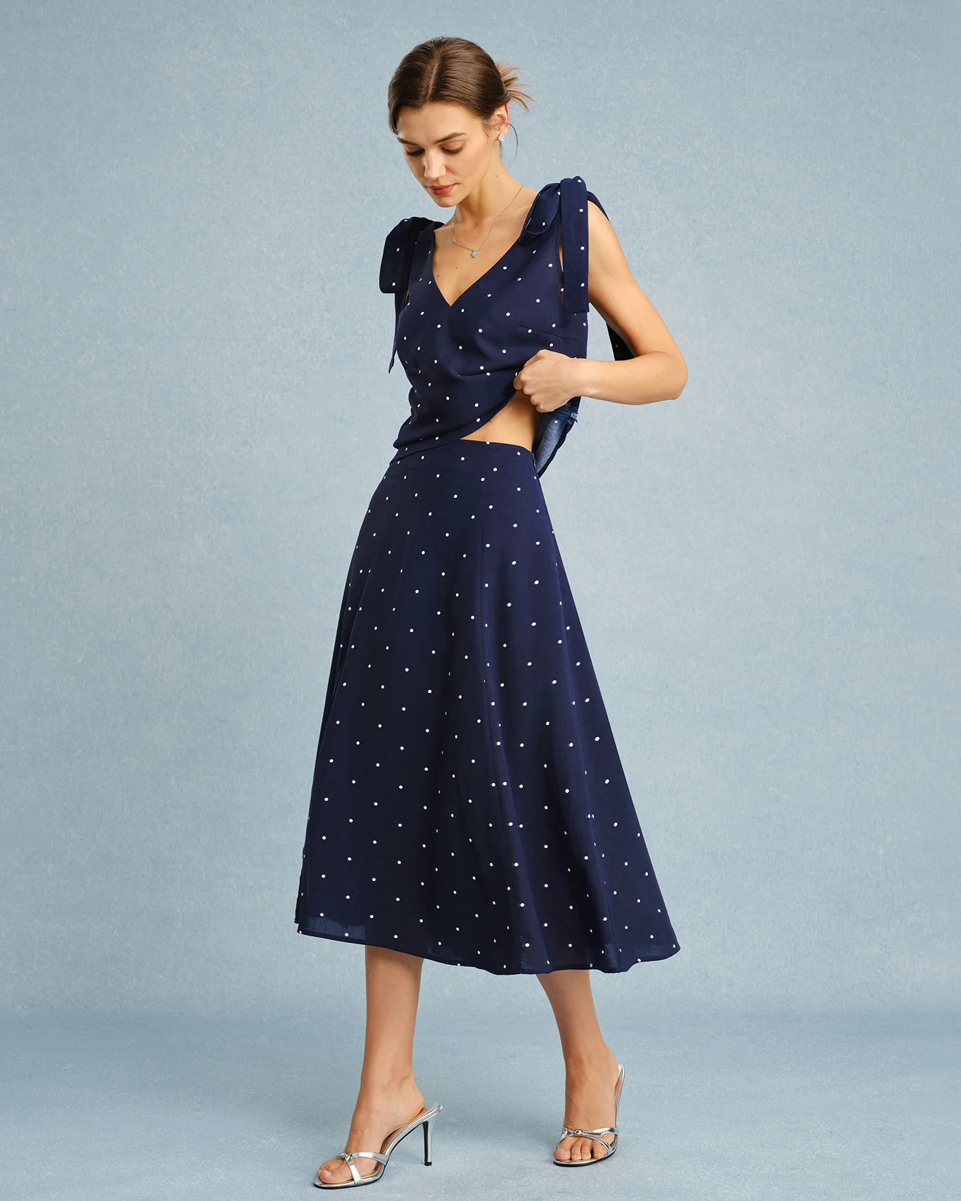 Navy Polka Dot Slit Midi Skirt - Image 8