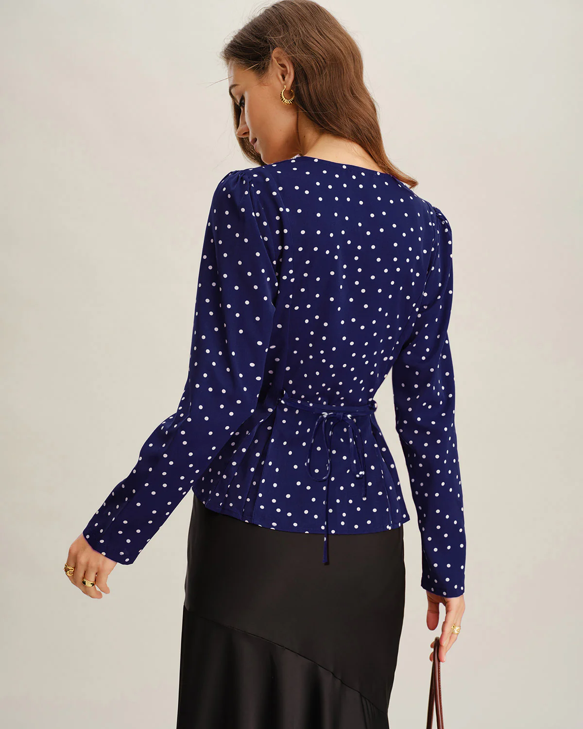 Navy Polka Dot V Neck Shirt - Image 3