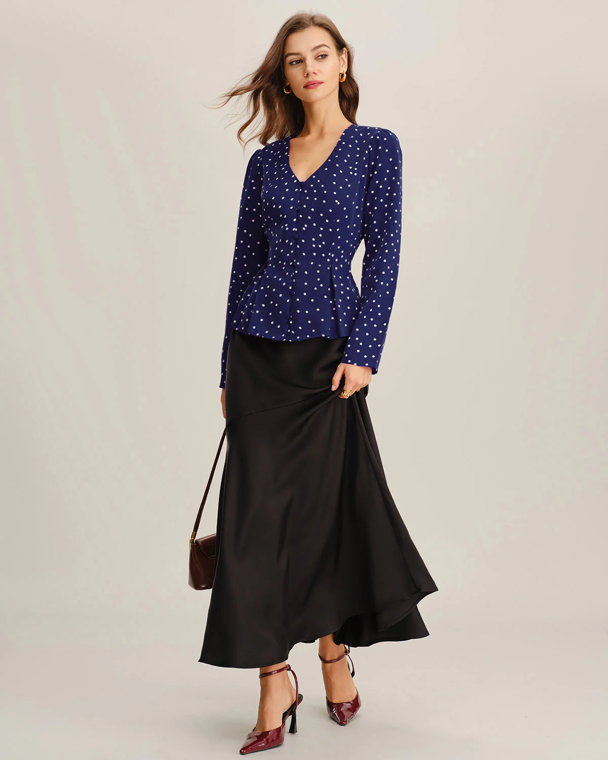 Navy Polka Dot V Neck Shirt - Image 4