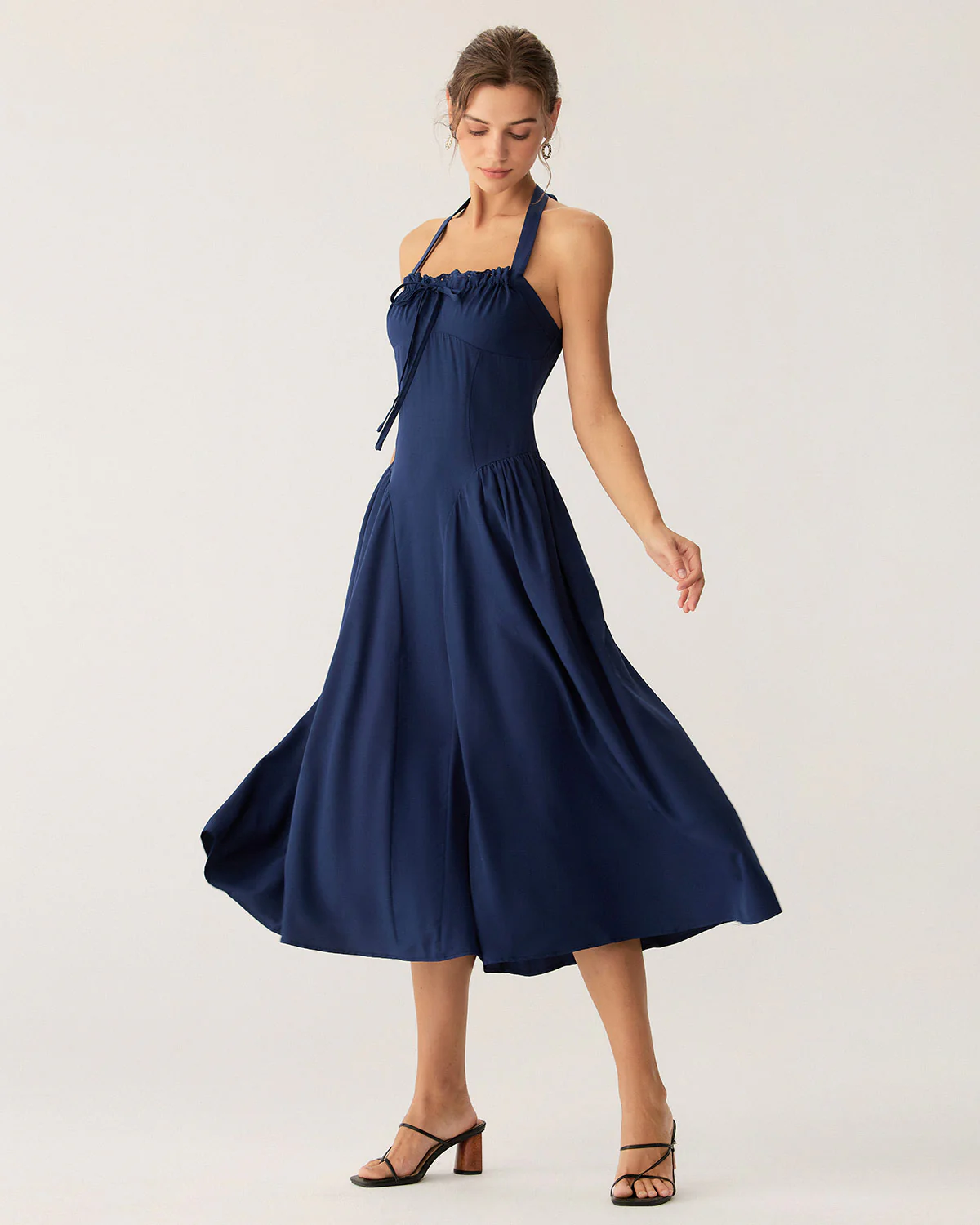 Navy Ruched Halter Midi Dress - Image 5