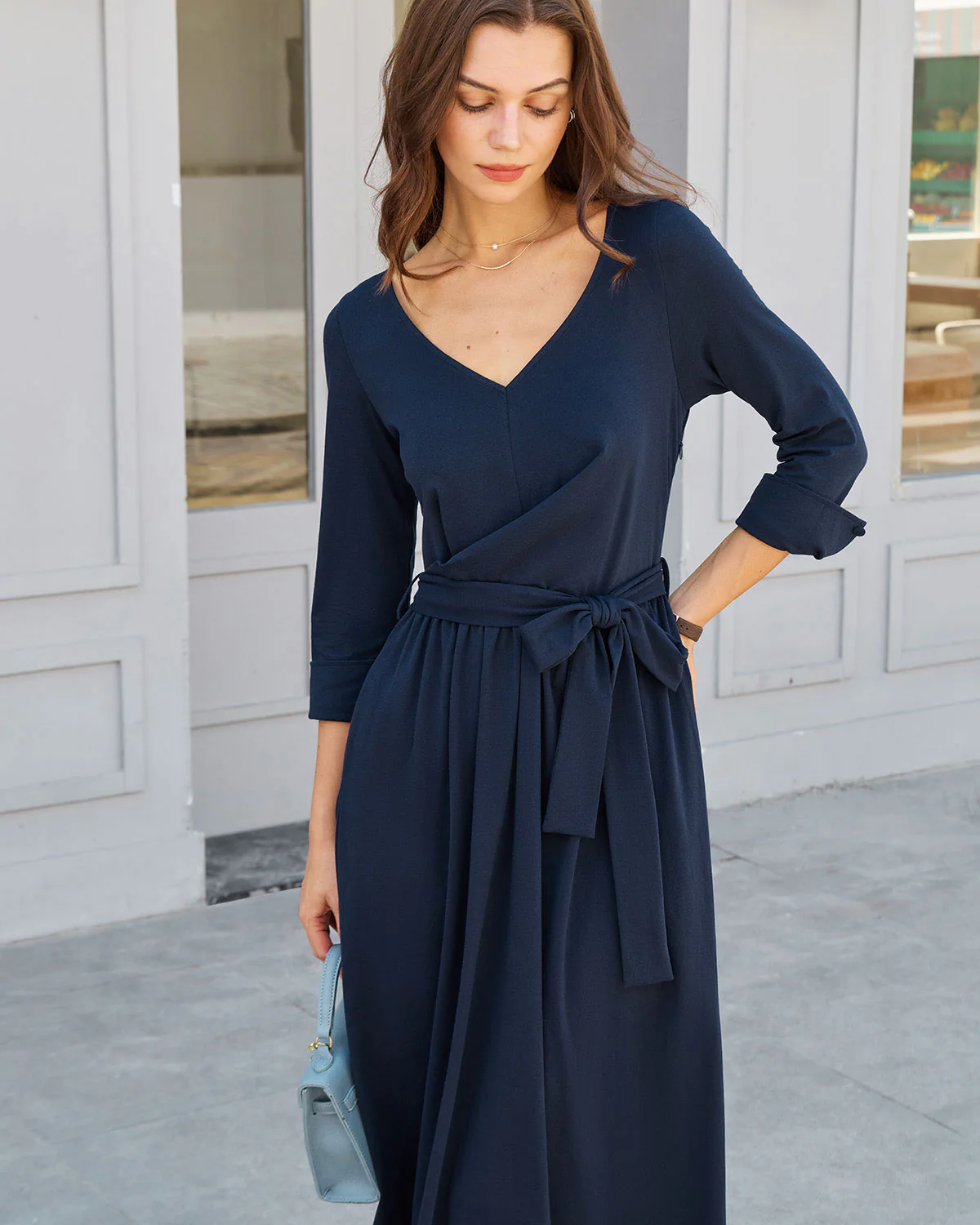 Navy Ruched Tie Waist Maxi Dress - Image 3
