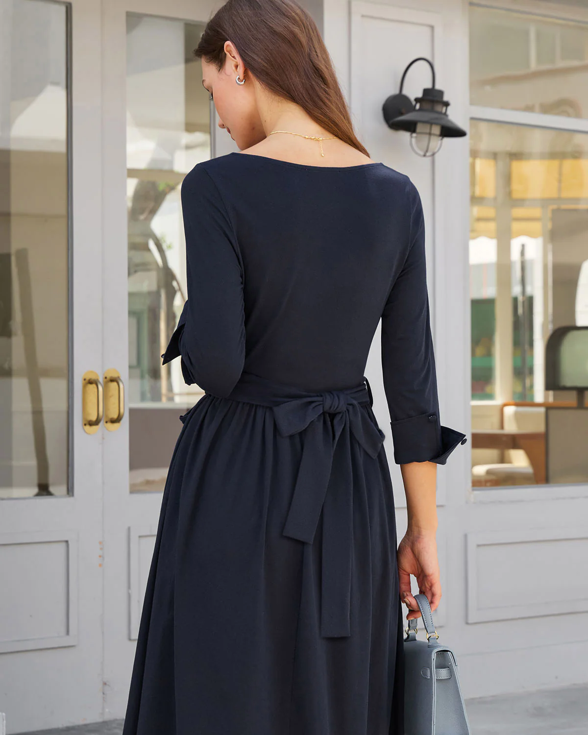 Navy Ruched Tie Waist Maxi Dress - Image 4