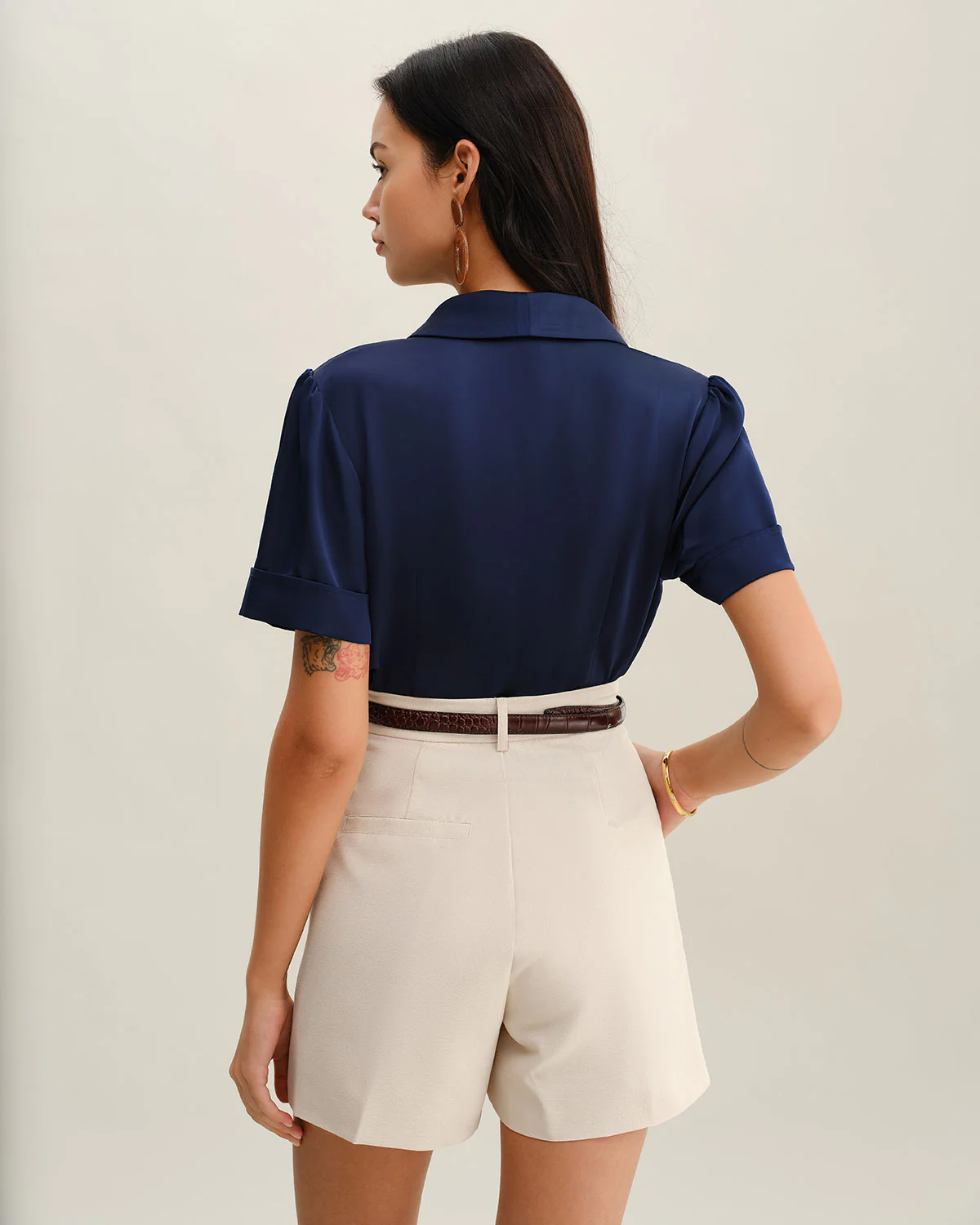 Navy Satin Button Blouse - Image 3