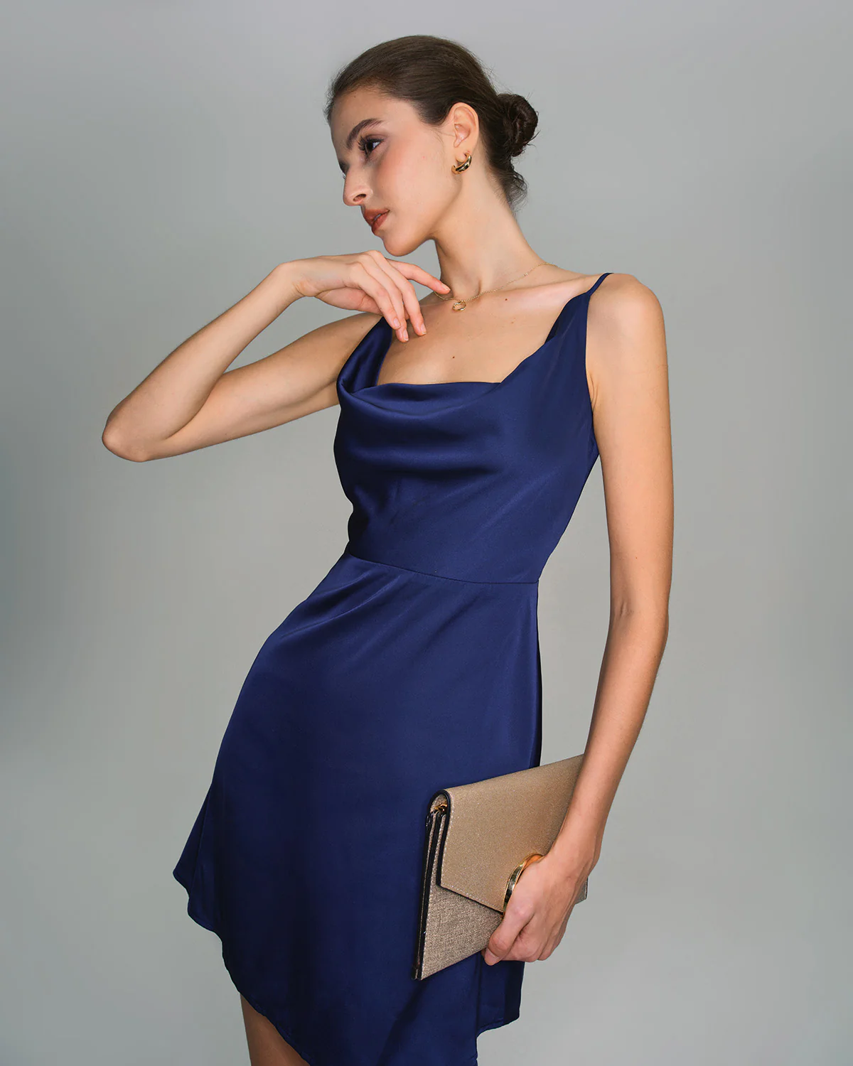 Navy Satin Cowl Neck Slip Mini Dress - Image 2