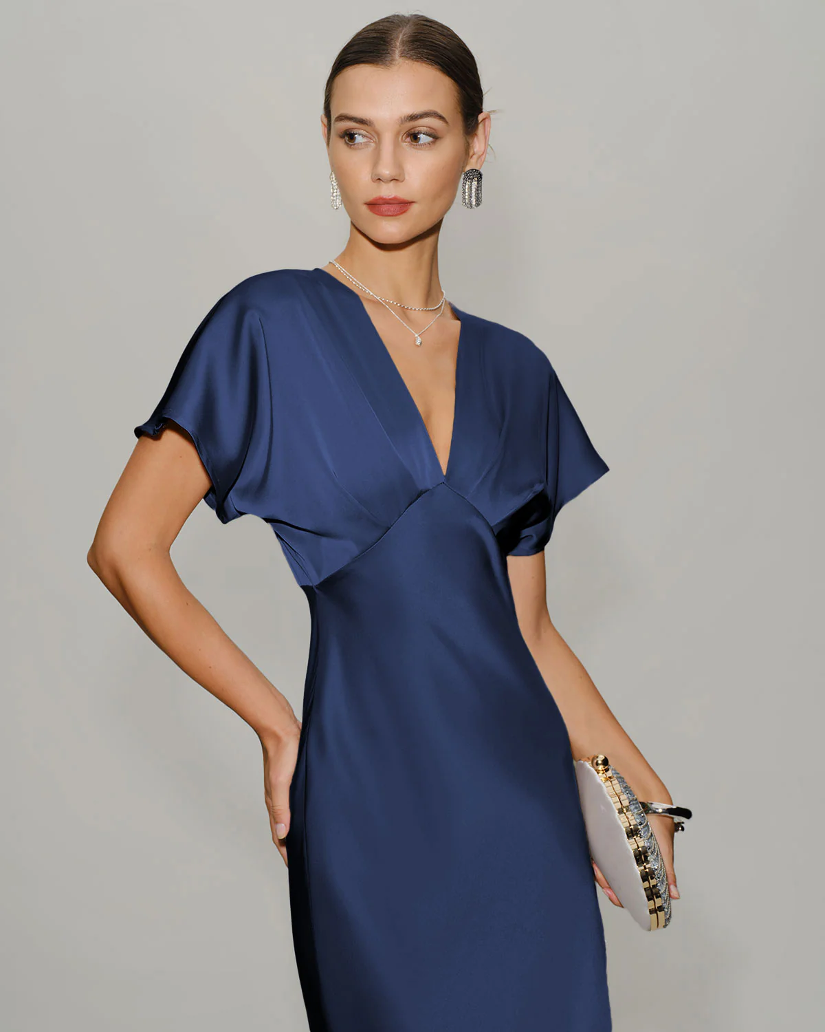 Navy Satin Cowl Sleeve Midi Dress - Image 2