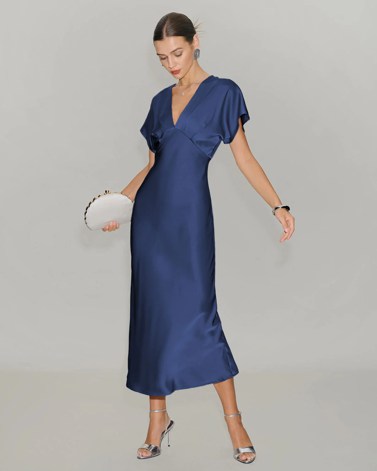 Navy Satin Cowl Sleeve Midi Dress - Image 3
