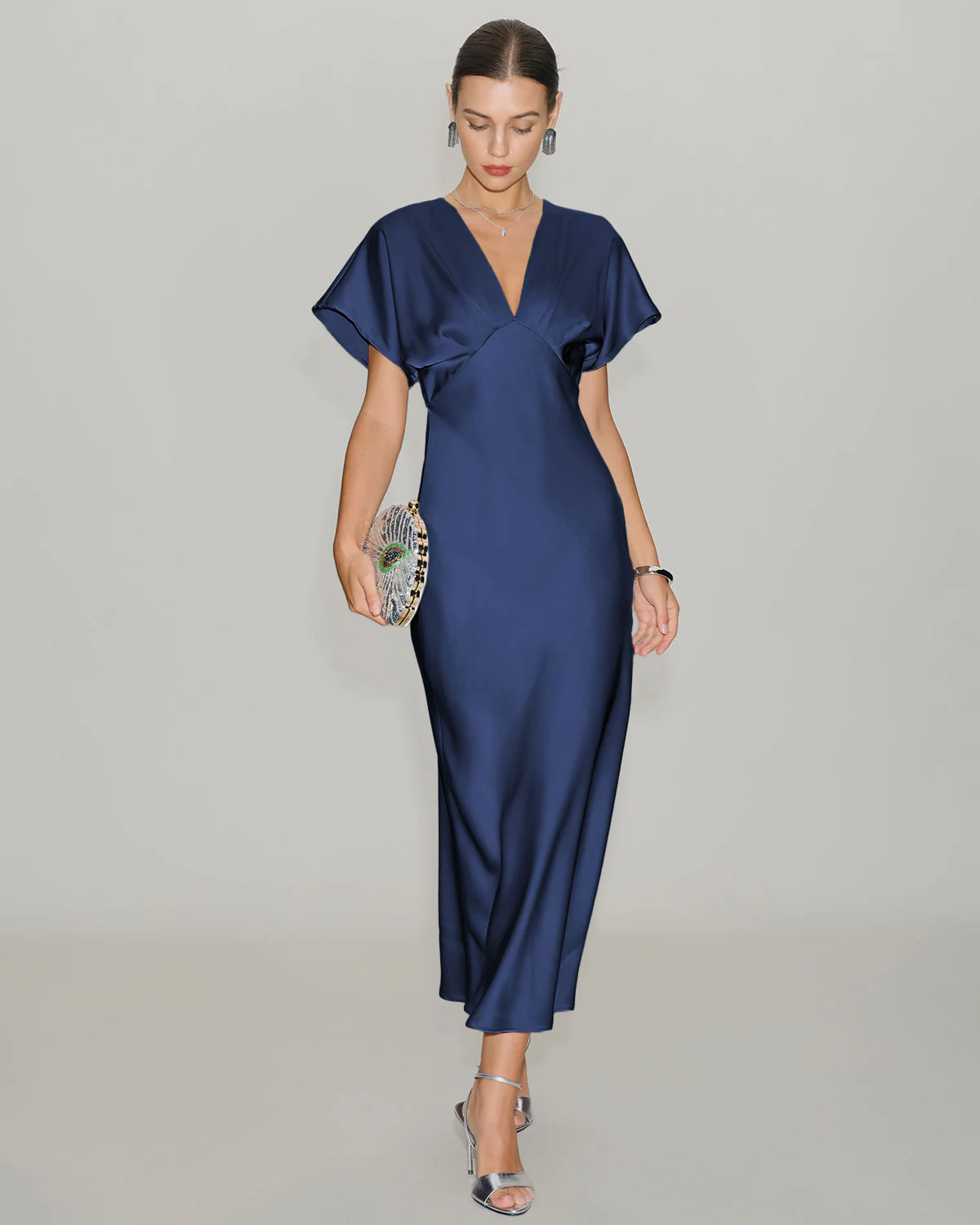 Navy Satin Cowl Sleeve Midi Dress - Image 4