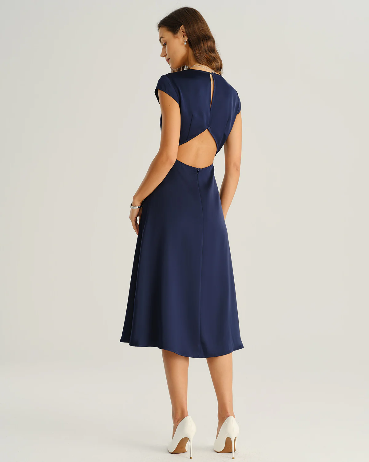 Navy Satin Cut Out Slit Midi Dress - Image 3