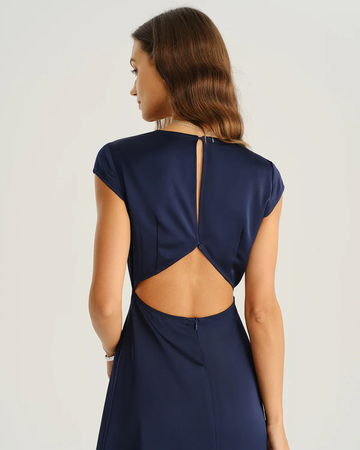 Navy Satin Cut Out Slit Midi Dress - Image 4
