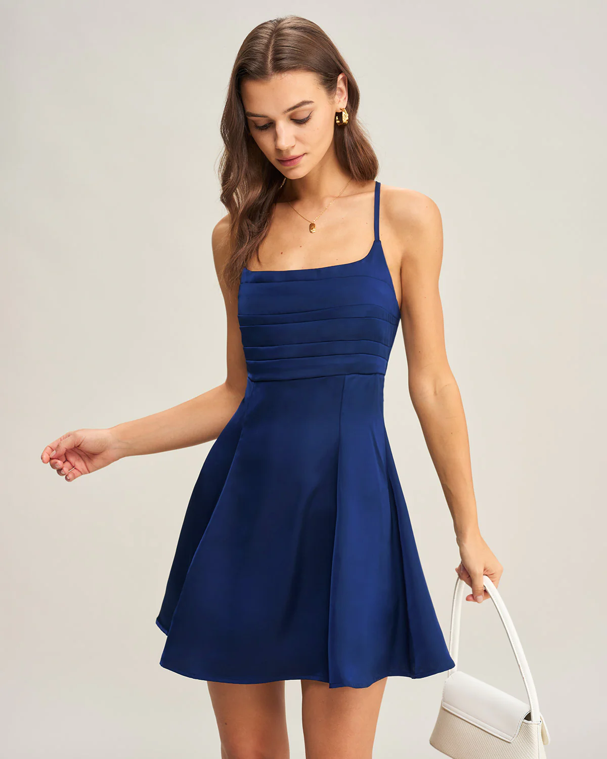 Navy Satin Pleated Slip Mini Dress - Image 2