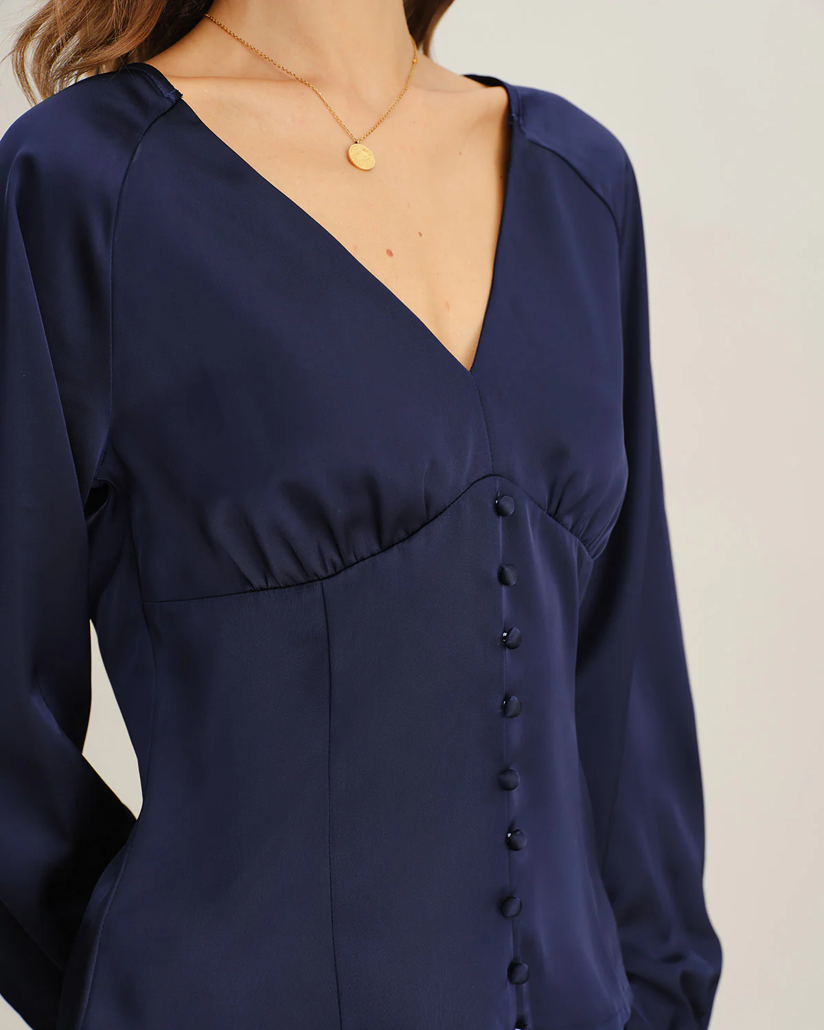 Navy Satin V Neck Ruched Blouse - Image 2