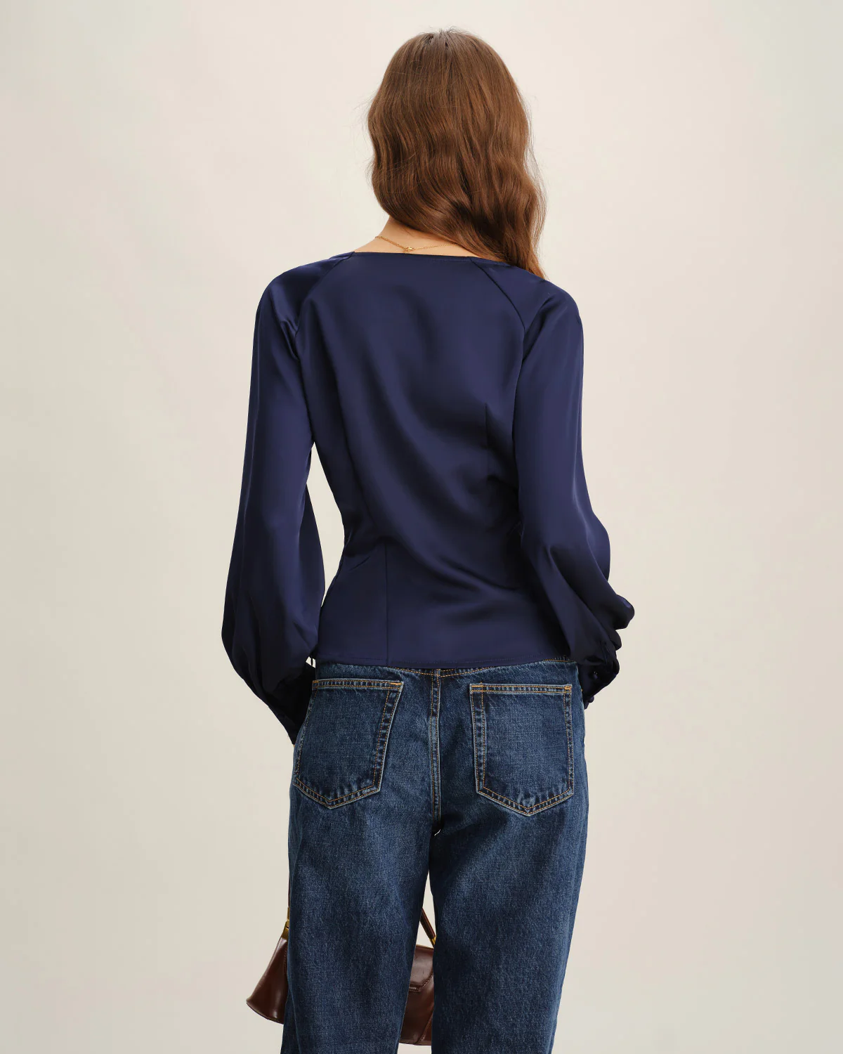 Navy Satin V Neck Ruched Blouse - Image 3