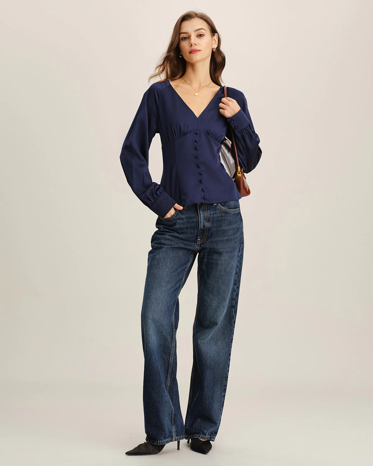 Navy Satin V Neck Ruched Blouse - Image 4
