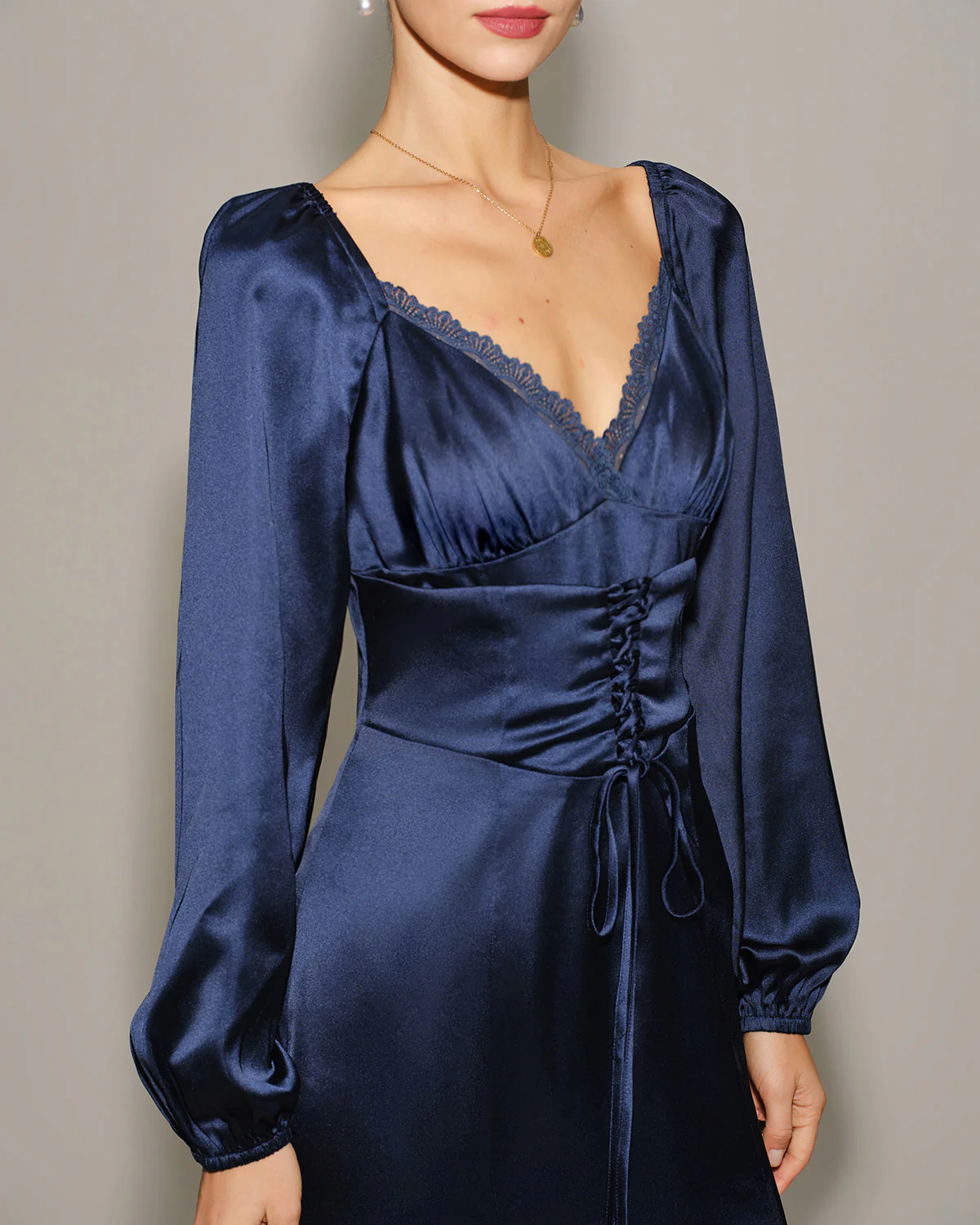 Navy Satin V Neck Ruched Midi Dress - Image 2