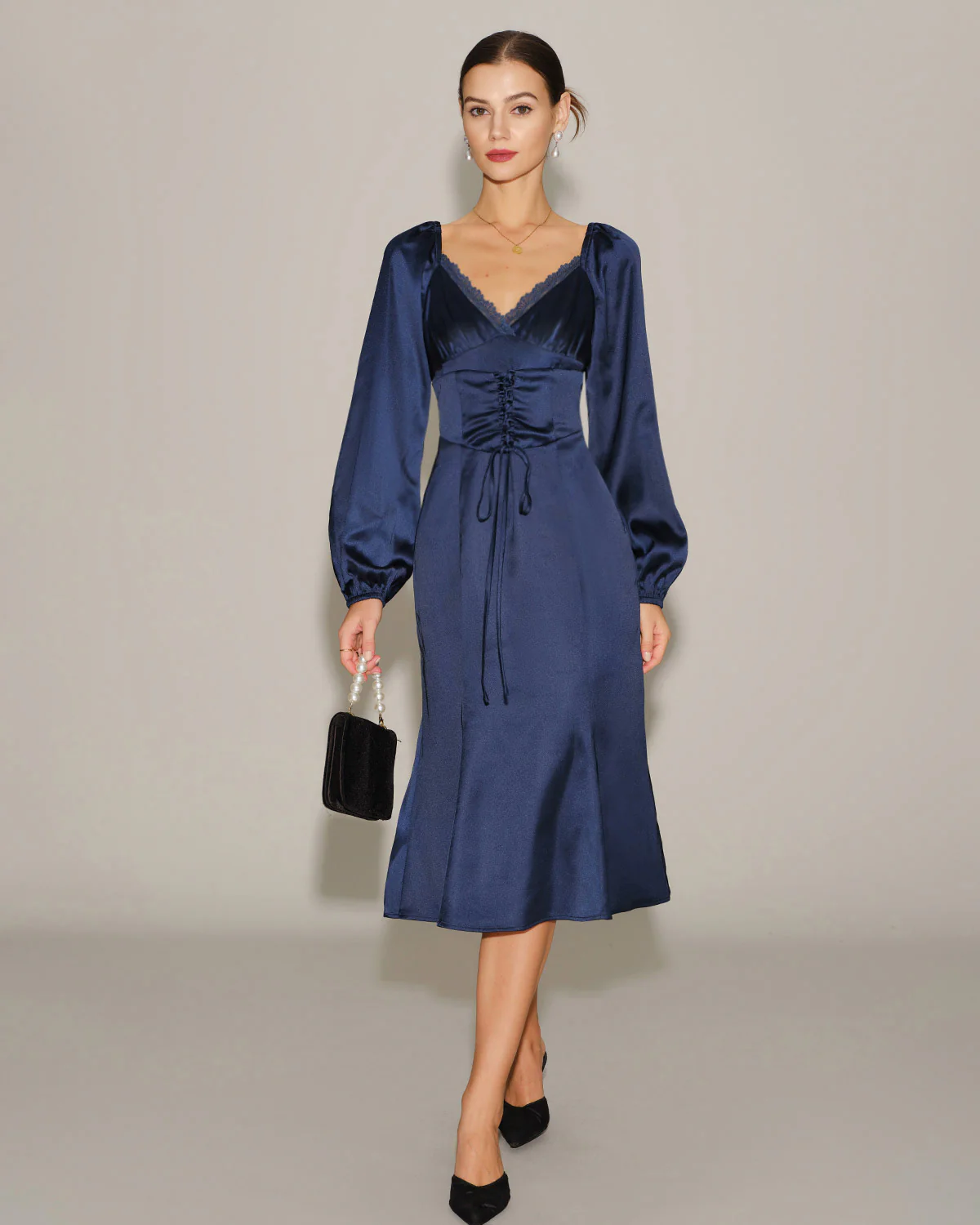 Navy Satin V Neck Ruched Midi Dress - Image 3