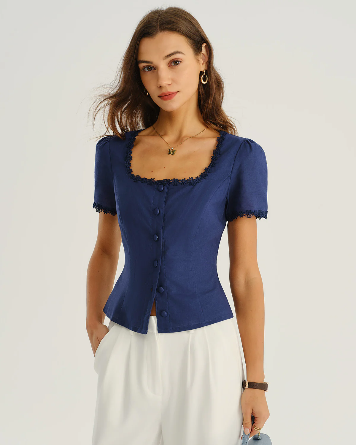 Navy Square Neck Button Blouse - Image 4