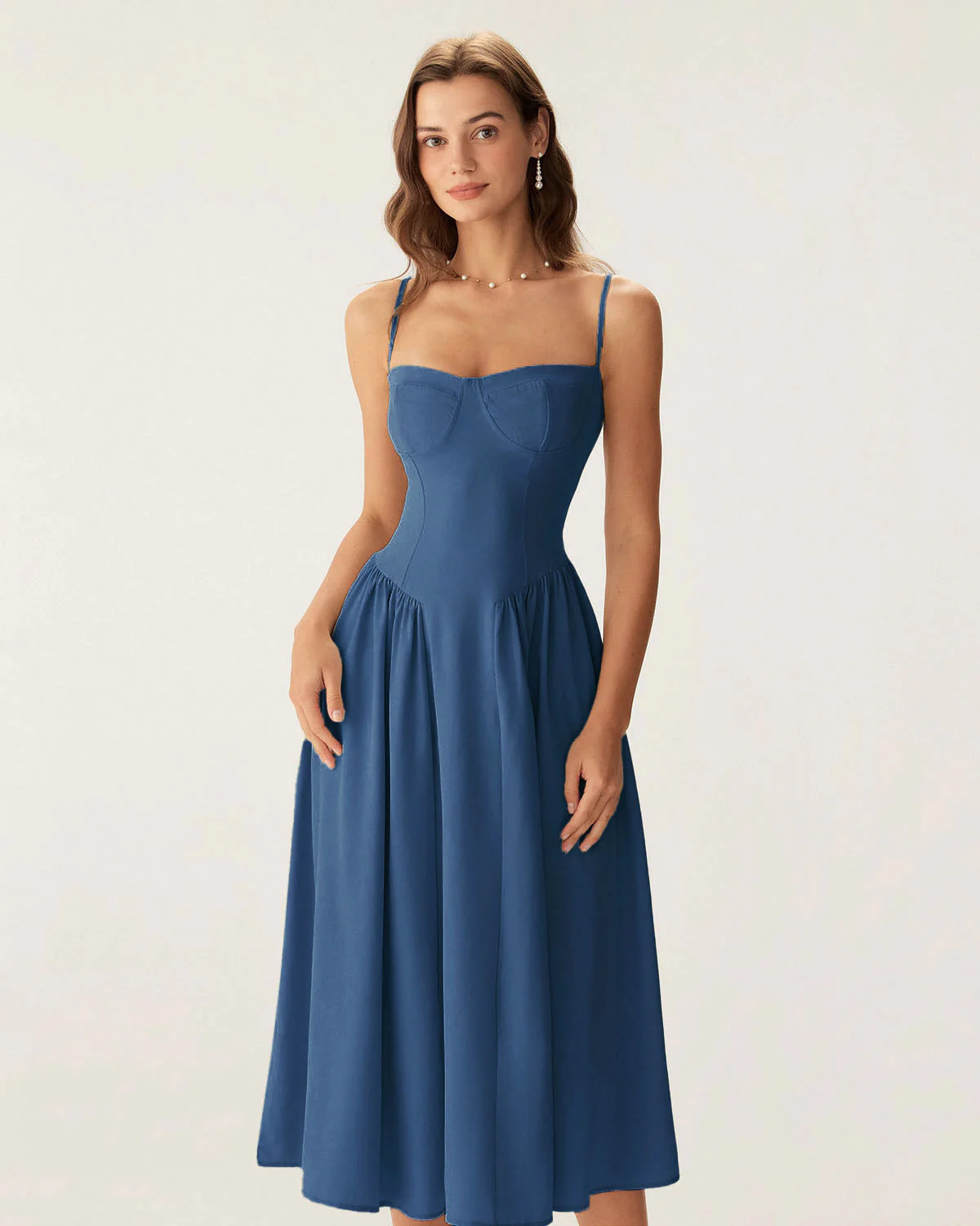 Navy Square Neck Pocket Slip Midi Dress - Image 3