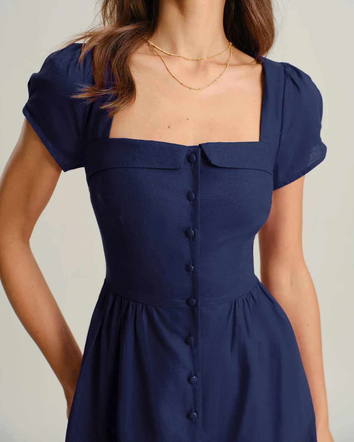 Navy Square Neck Short Sleeves A-Line Midi Dress - Image 2