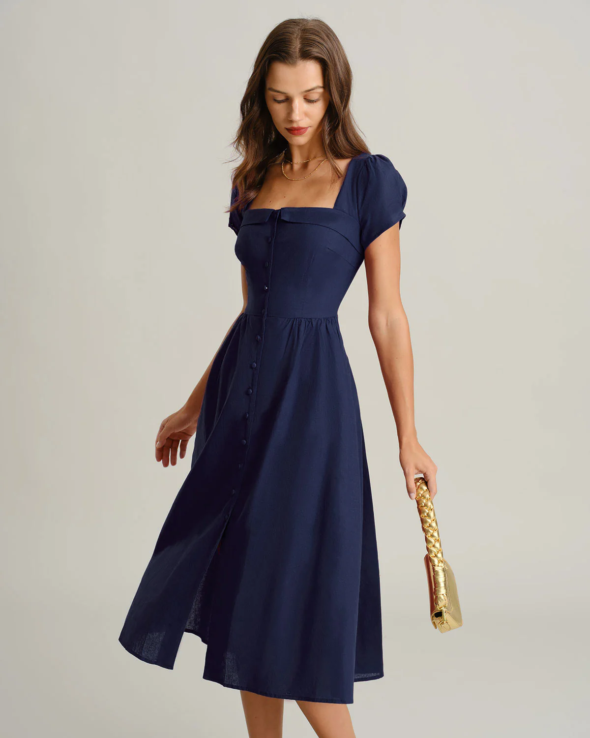 Navy Square Neck Short Sleeves A-Line Midi Dress - Image 3