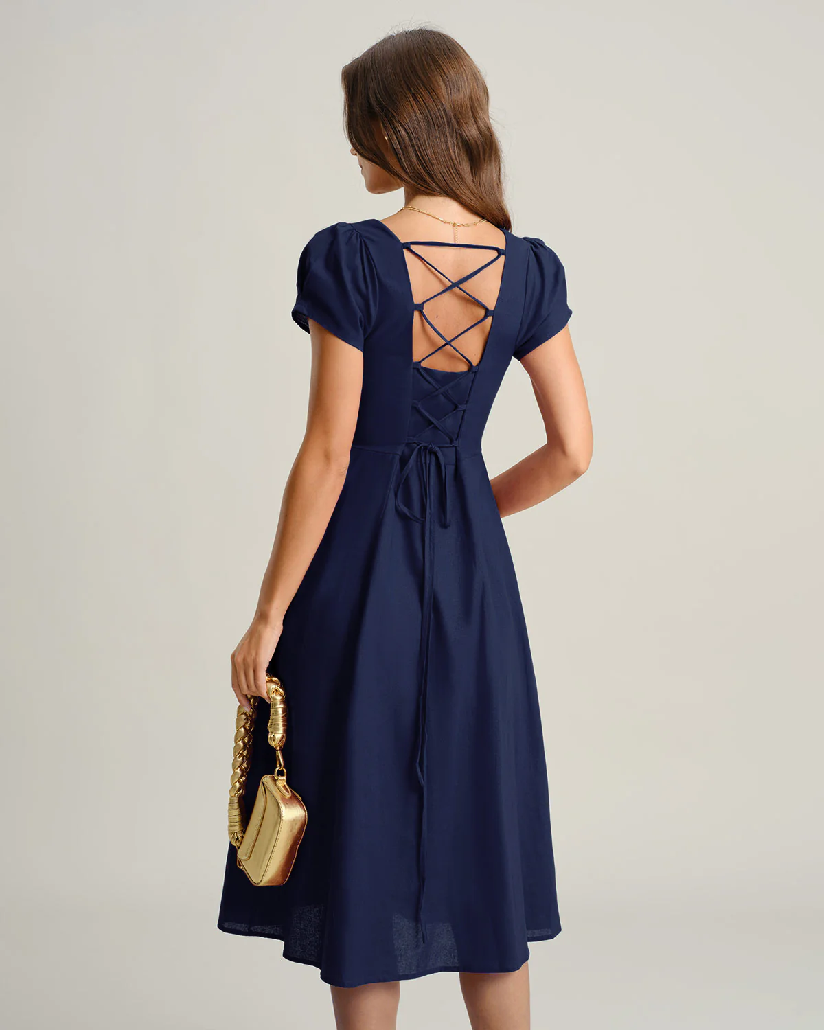 Navy Square Neck Short Sleeves A-Line Midi Dress - Image 4