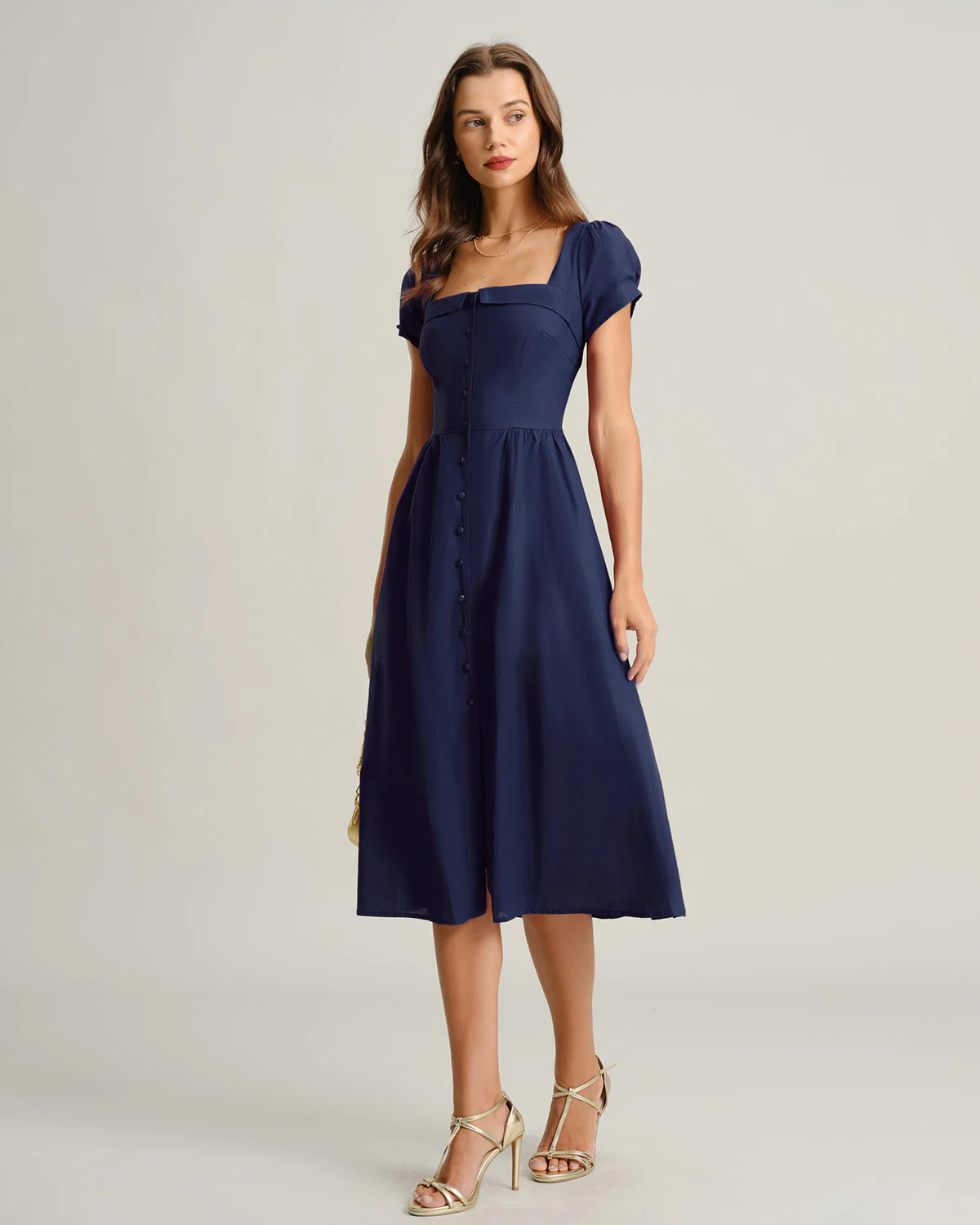 Navy Square Neck Short Sleeves A-Line Midi Dress - Image 5