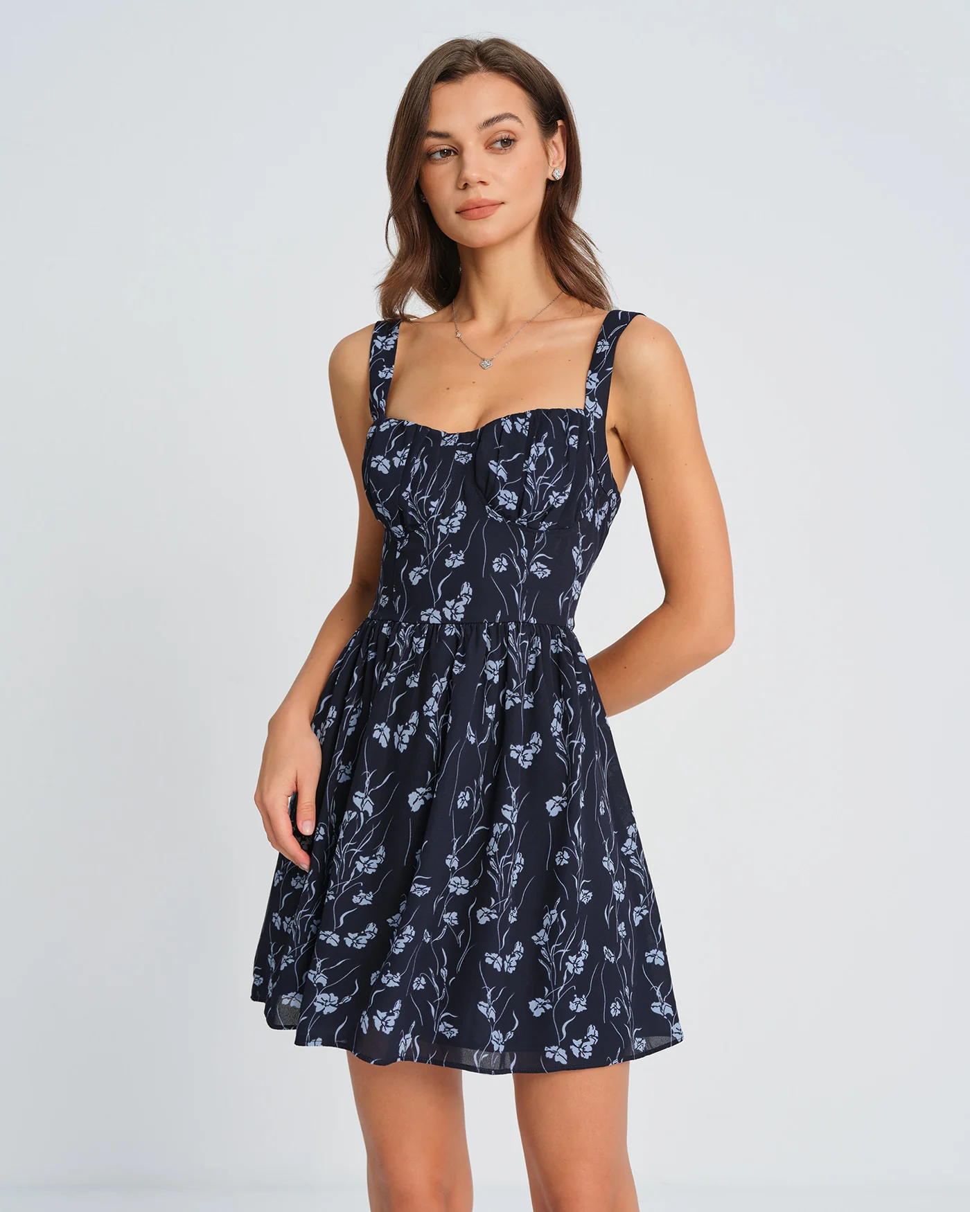 Navy Sweetheart Neck Floral Mini Dress - Image 2