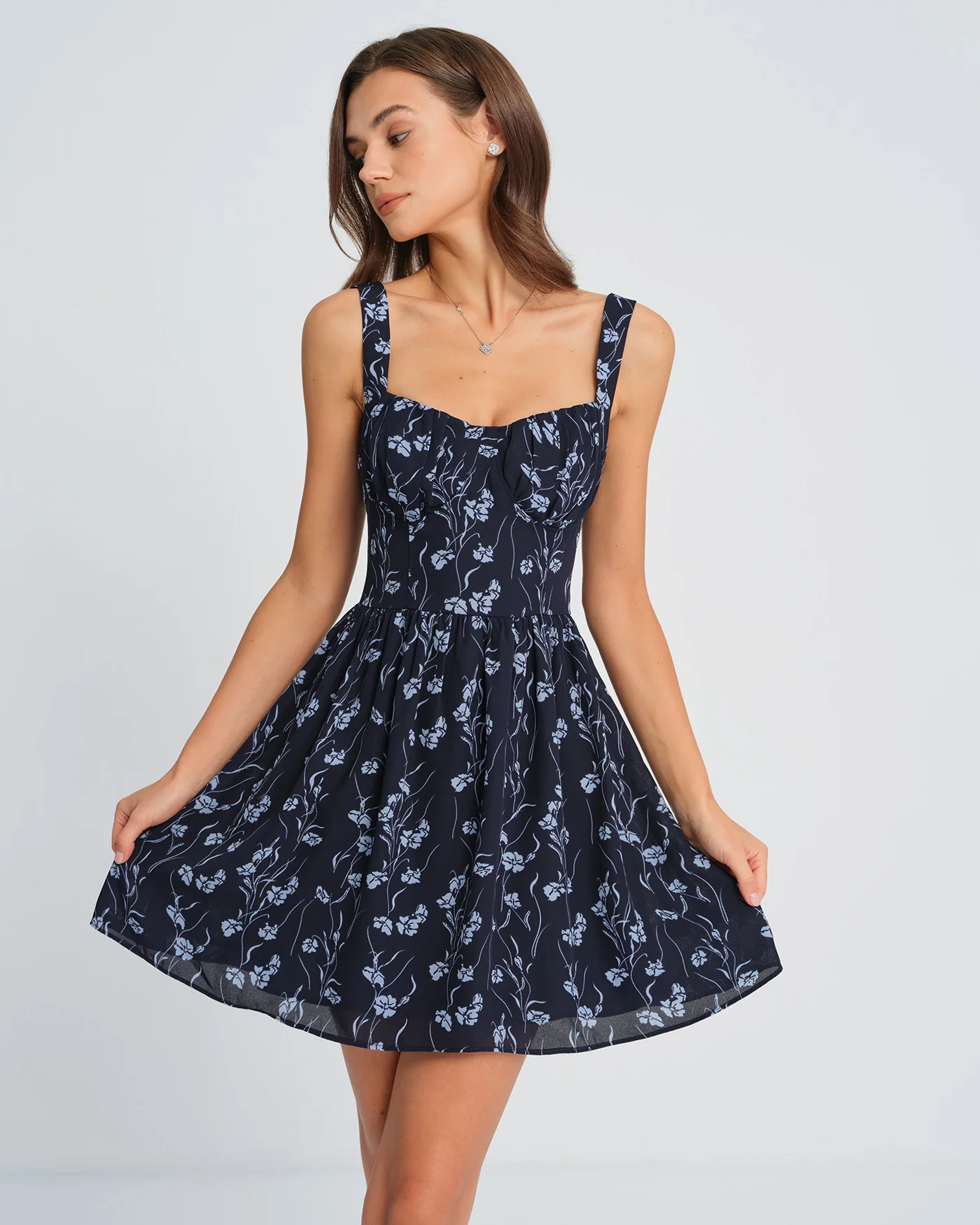 Navy Sweetheart Neck Floral Mini Dress - Image 3