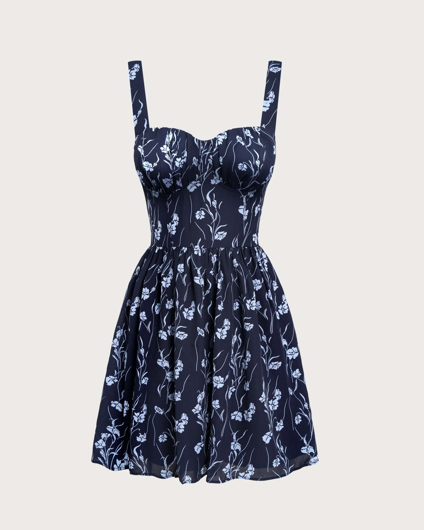 Navy Sweetheart Neck Floral Mini Dress - Image 7
