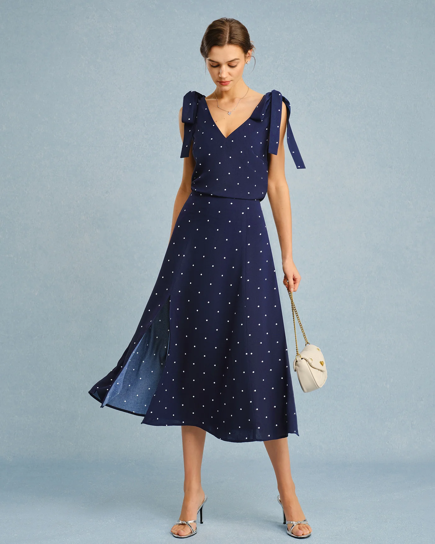 Navy V Neck Polka Dot Cami Top - Image 2