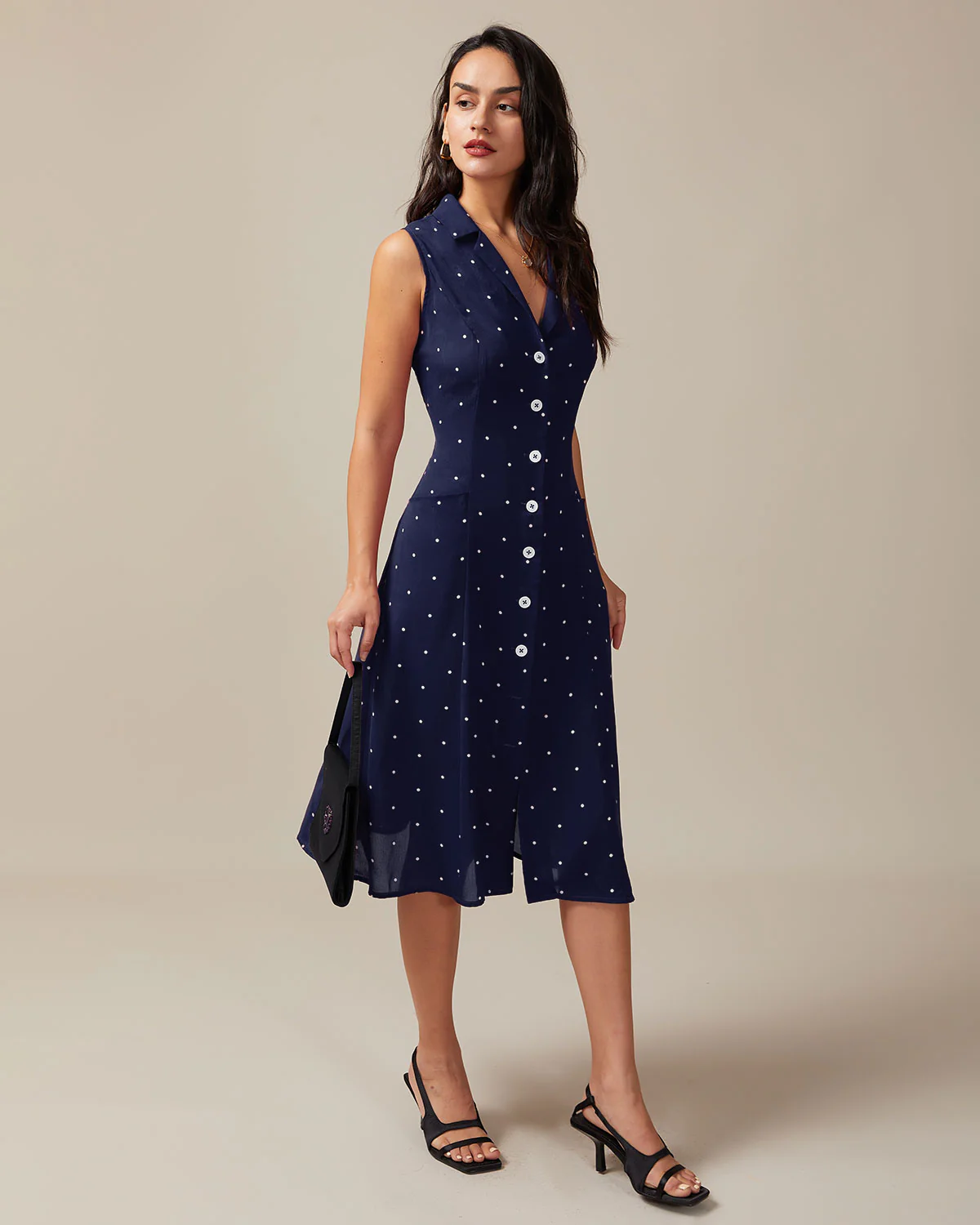 Navy V Neck Polka Dot Tie Back Midi Dress - Image 3
