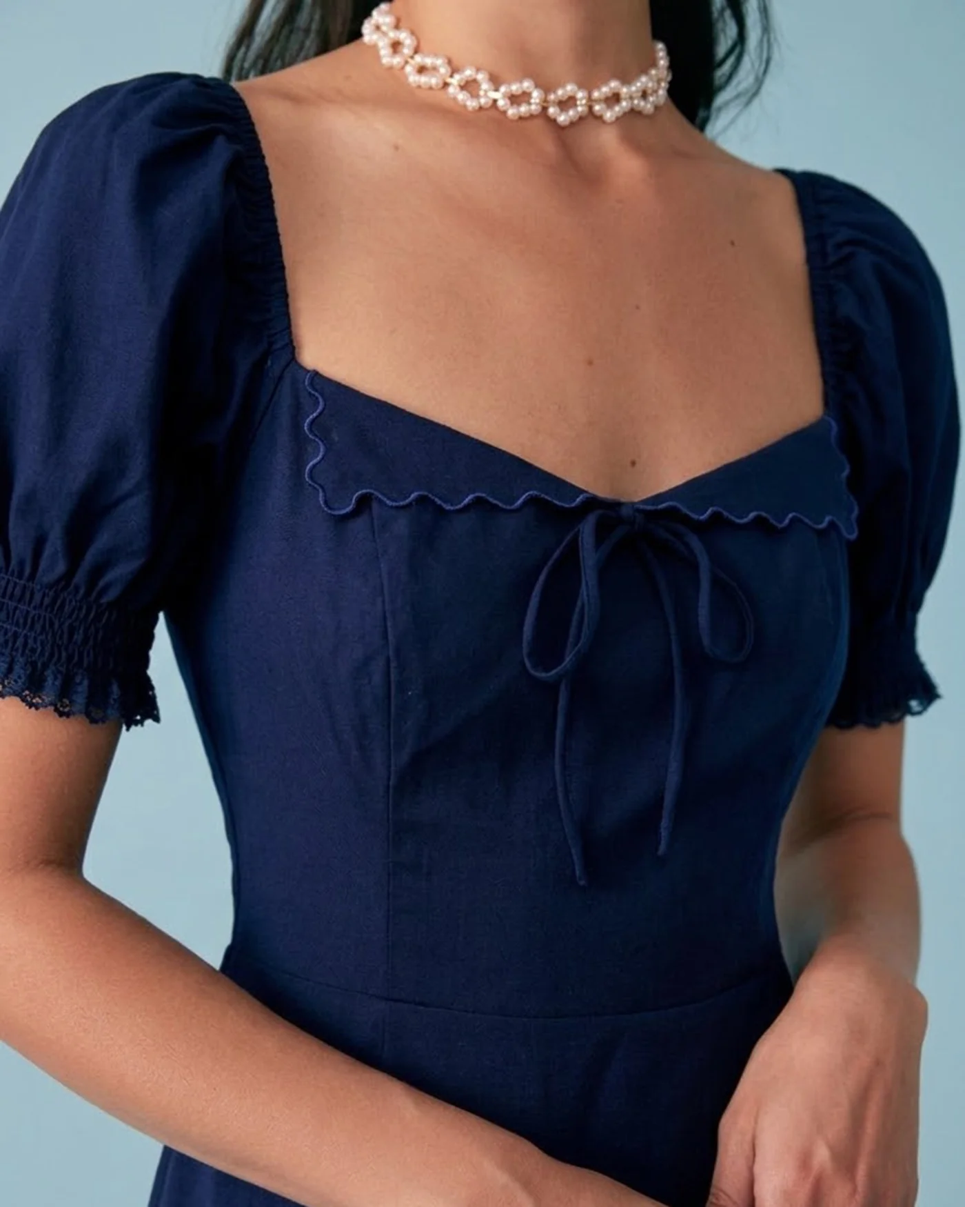 Navy V Neck Puffed Sleeve Midi Dress - Image 2
